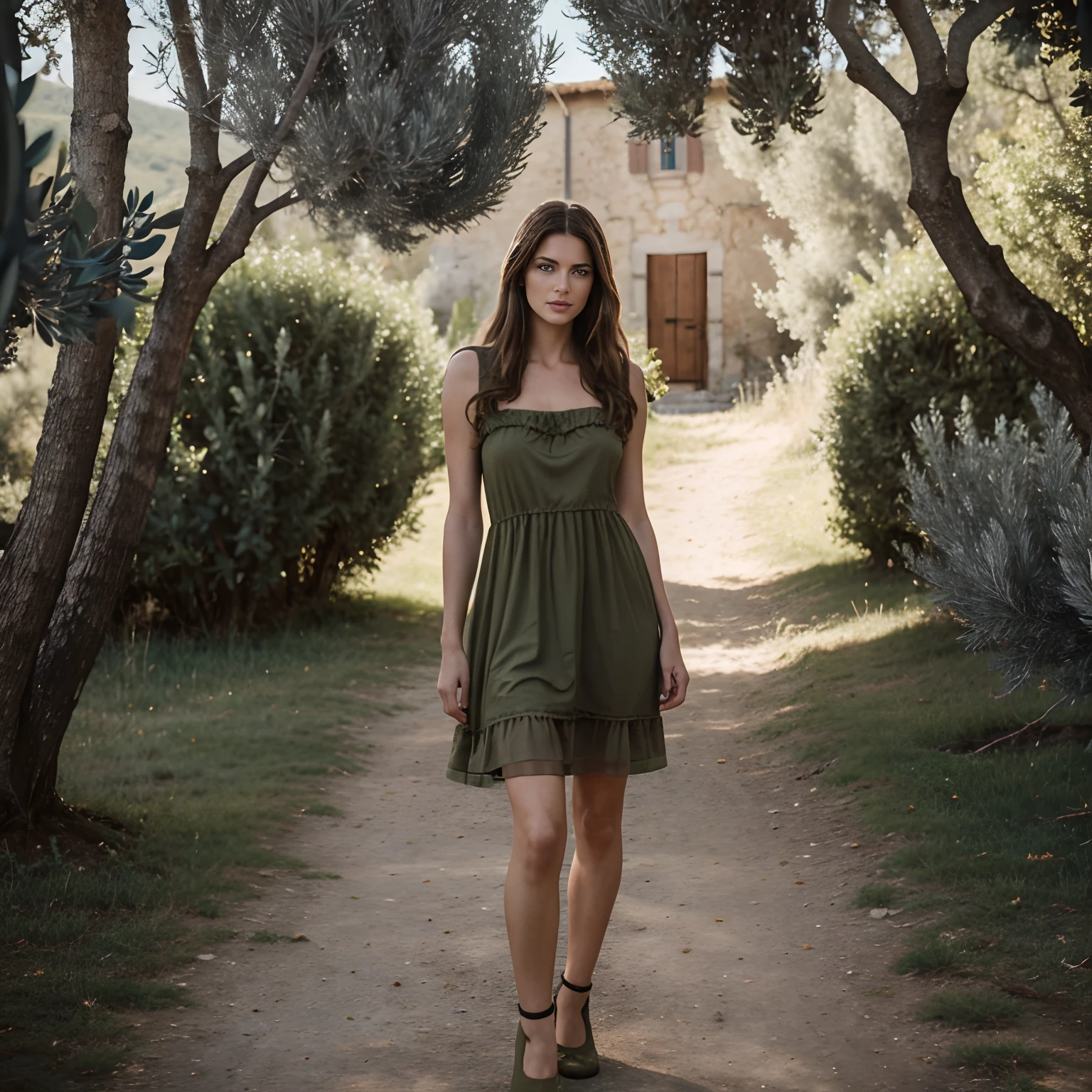 RAW, analog, Nikon Z 85mm, ((best quality)), ((masterpiece)), ((realistic)), vintage image, supermodel woman (((wearing a dress))), ((shoes)))18 year old, (long brown hair), hazel eyes, (facial skin black dots:0.6), (freckles:0.5), (face white noise:0.5), (face pores:0.7), (makeup:-0.4), (facial sharpness:1.0), intricate details, highly detailed, sharp focus, professional, 4k, god rays, hand model, stunning blue eyes, ,highres, extremely detailed facial features, high detail, sharp focus, sharp face details, aesthetic, extremely detailed, photo_\(ultra\), photorealistic, realistic, post-processing, max detail, roughness, real life, ultra realistic, photorealism, photography, 8k uhd, SEMI-SILHOUETTE light, russian face, daylight, sfw, photography by Alec Soth,
Posing in front of an ancient touscany farmhouse, in (((typical Tuscan hills with olive trees))),
distant shot, 24mm Lens, (((full body photo))),Dynamic pose, full body, detailed Hands, detailed foot,photo r3al,