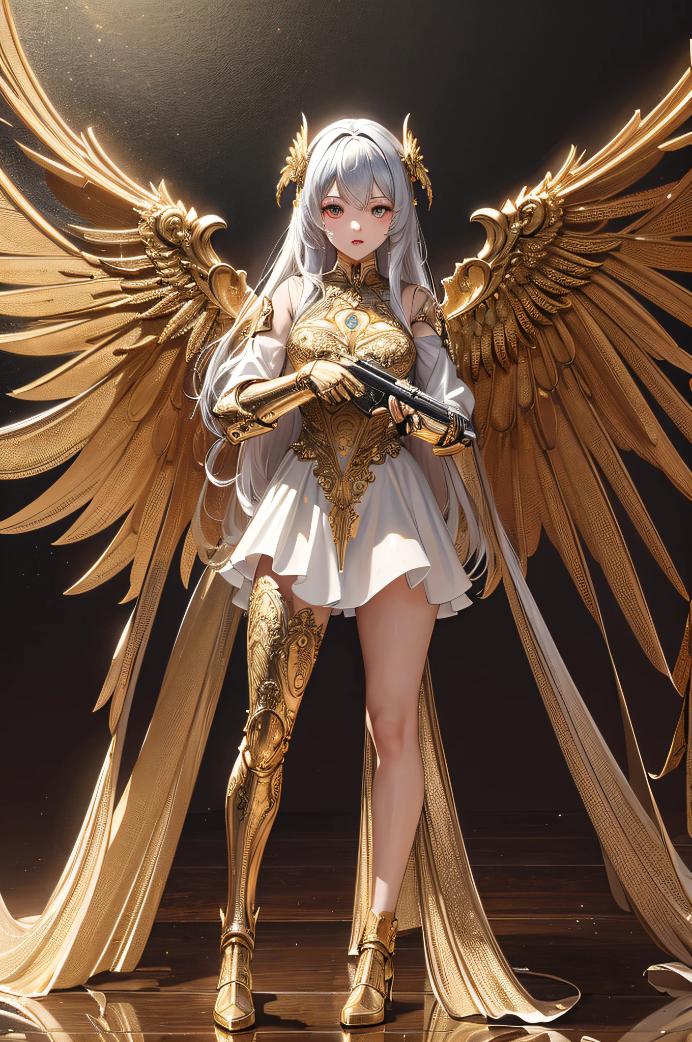 (masterpiece, best quality:1.3),extremely high detailed, intricate, 8k, HDR, wallpaper, cinematic lighting, (universe),gun,(shooting position), glowing, armor, glowing eyes, mecha, large wings,