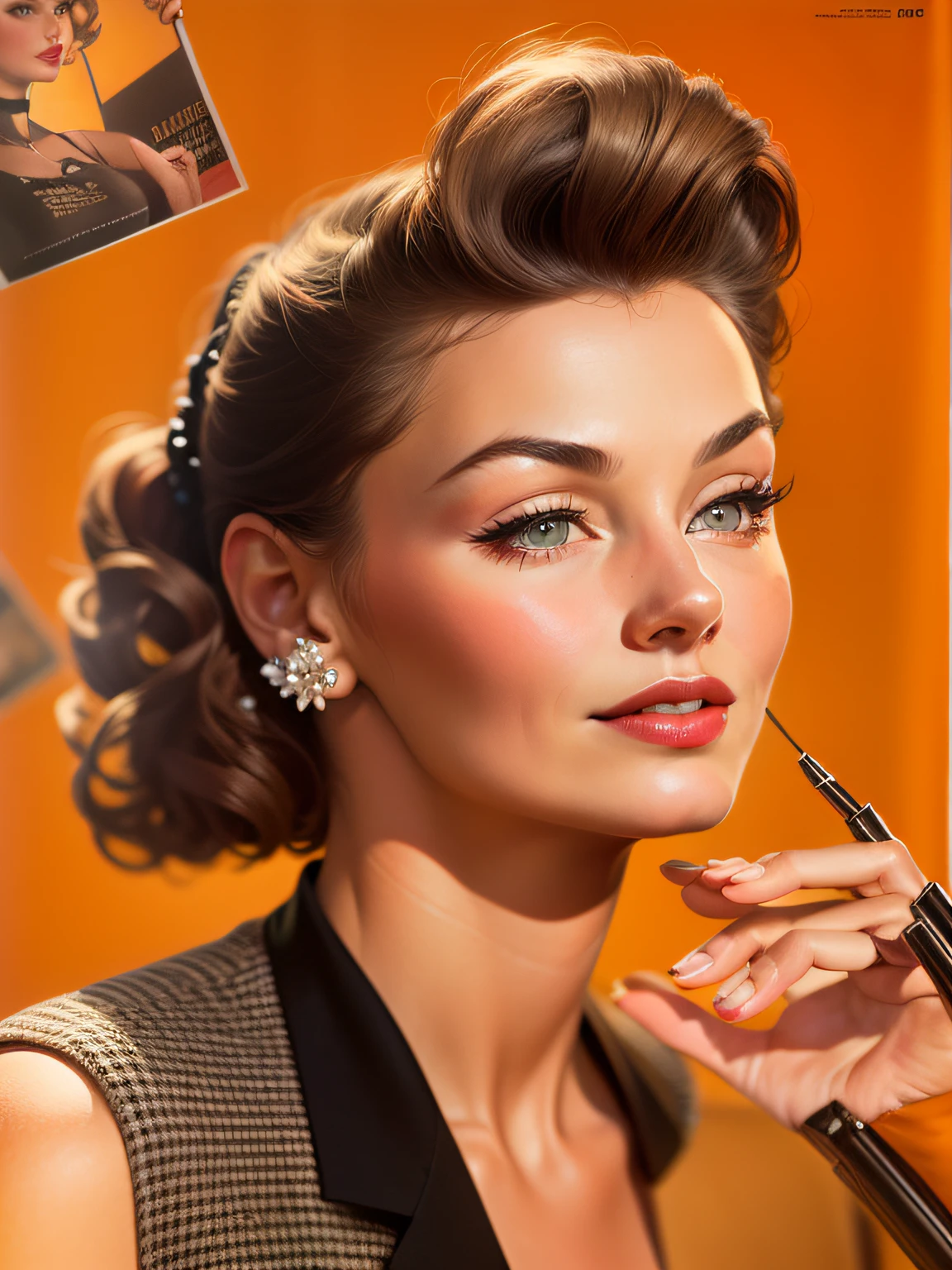 closeup, Portrait, 50s illustration, 1950 mature woman, supermodel, fancy 50s hairstyle, 50s ads, Life magazine, classic elegance, film stills, film shot, focal length Kodak Ektar, young woman, supermodel, fancy 50s hairstyle, Life magazine, classic elegance, flat orange background