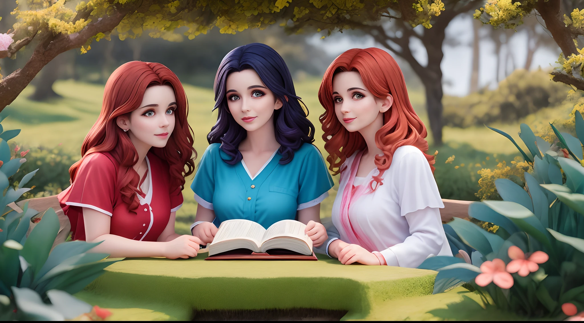Youth group composed of three women ,onde a primeira e ruiva de brusa azul a segunda loira de brusa rosa a terceira morena de brusa vermelha, e dois homens que o primeiro e loiro de olhos azuis e o segundo tem o cabelo mediano castanho e olhos castanhos aconversando sentados bancos de pedras redonda ao ar livre com a grama verde