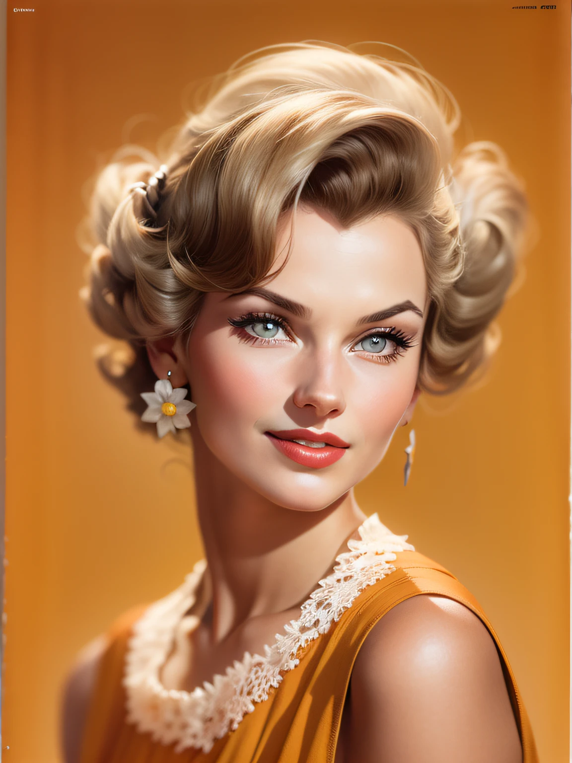 closeup, Portrait, 50s illustration, 1950 mature woman, supermodel, fancy 50s hairstyle, 50s ads, Life magazine, classic elegance, film stills, film shot, focal length Kodak Ektar, young woman, supermodel, fancy 50s hairstyle, Life magazine, classic elegance, flat orange background