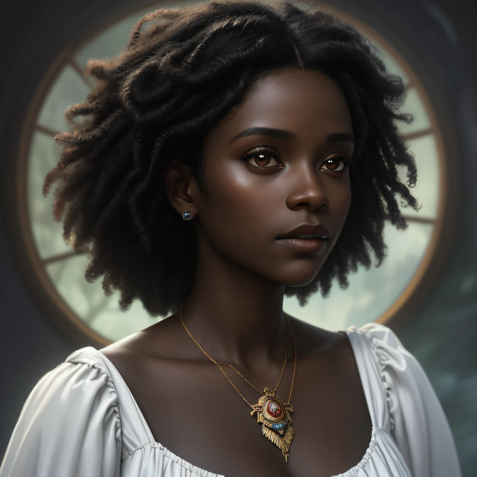 masterpiece face close-up of stunning slaved african young woman 20 years old, wearing torn and worn white nightdress, no adornments at all, ebony black skin, looking up, ((natural landscape background)), afro black curly full hair, detailed perfect almond-shaped black eyes, perfect sensual full lips, resemblance to Kandyse McClure, delicate symmetric realistic and beautiful face, colorful headbands blending into hair full body, masterpiece, fine detail, rich colors, dramatic lighting, extremely detailed, cinematic lighting hyperdetailed painting, luminism, Bar lighting, complex, 4k resolution concept art portrait by Greg Rutkowski, Artgerm, WLOP, Alphonse Mucha, little fusion pojatti realistic goth: a stunning realistic photograph