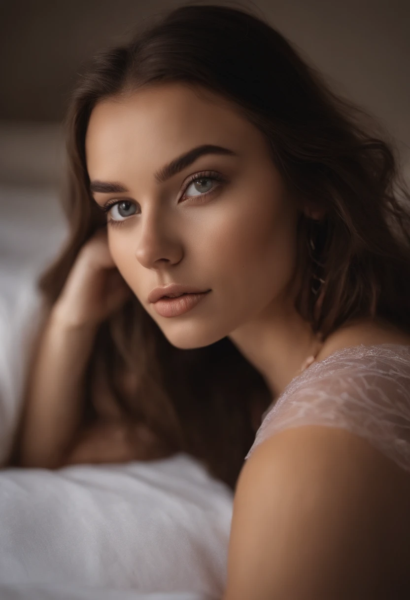 Arafed woman with exposed breasts, fille sexy aux yeux bruns, Portrait Sophie Mudd, cheveux bruns et grands yeux, selfie of a young woman, Yeux de chambre, Violet Myers, sans maquillage, maquillage naturel, looking straight at camera, Visage avec Artgram, Maquillage subtil, Superbe photo du corps entier, dans la chambre, topless