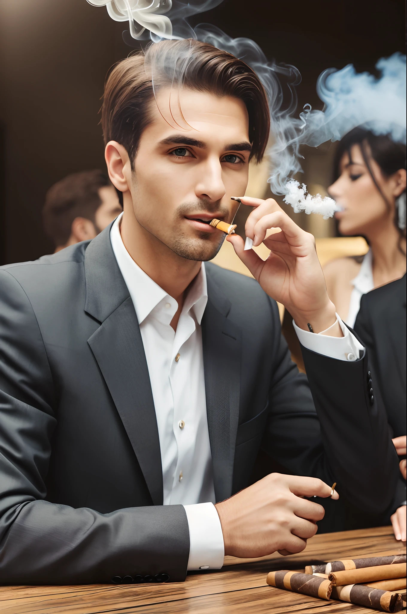 7 male and 1 female sitting on round dinning table, everyone wearing black suit and white shirt, One smoking Grant Cardone cigar & everyone drink, Sitting on a round table, hyper realistic, high resoulation, 16k, 100% white background, looking at front camera, clear face, clear hand, clear finger, one smoking cigarate --auto --s2