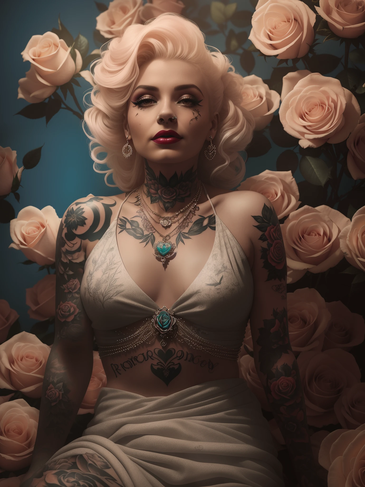 arafed woman with tattoos and a necklace sitting in a bed of roses, inspired by Elsa Bleda, body covered in floral tattoos, inked, tattooed pinup, 4 k glamour photography, portrait shot, with tattoos, laying on roses, tattooed, inspired by Hedi Xandt, tattoos and piercings, cyberpunk cyborg. roses, glamour photography, style of ink