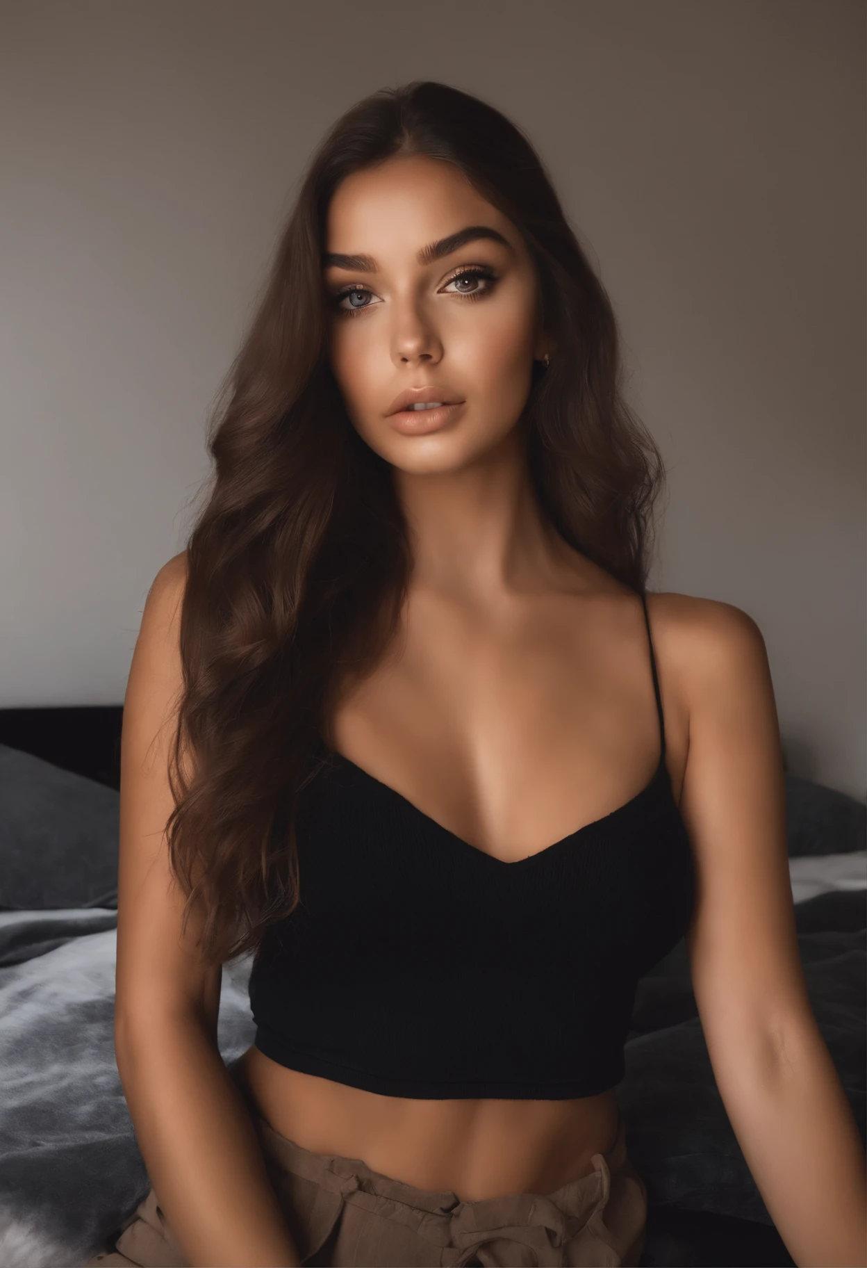 Arafed woman with black clothes, fille sexy aux yeux bruns, Portrait Sophie Mudd, cheveux bruns et grands yeux, selfie of a young woman, Yeux de chambre, Violet Myers, sans maquillage, maquillage naturel, looking straight at camera, Visage avec Artgram, Maquillage subtil, Superbe photo du corps entier, dans la chambre, clivage