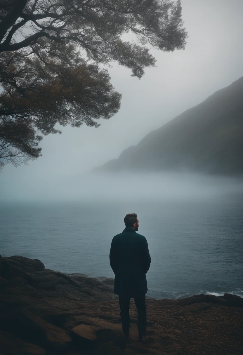 man translucent like a ghost with his hair up, in the middle of a terrifying fog with the ocean in the background
