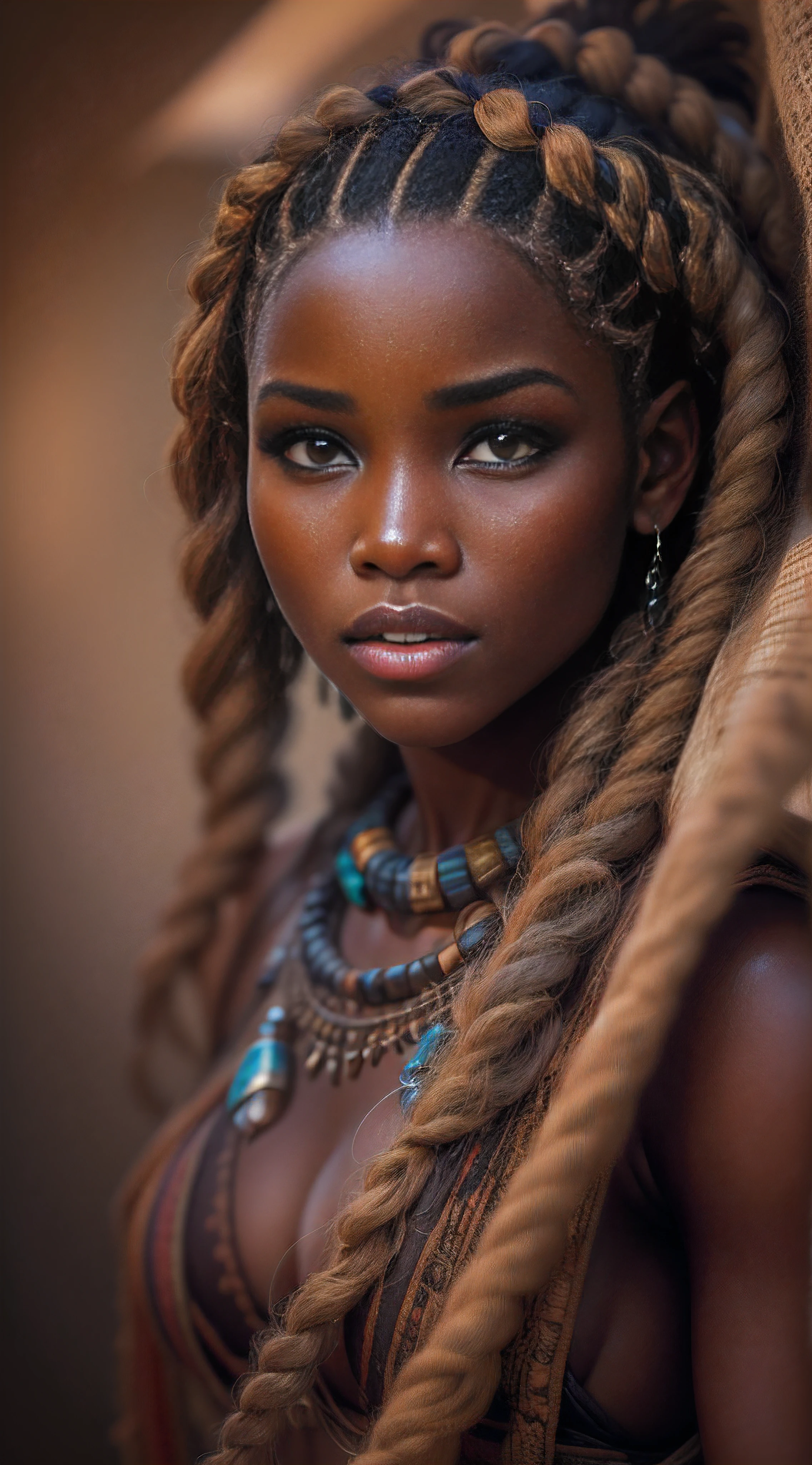 A cute hot african woman tribe himba in african plains, thick jumbo braids, brown skinned stunningly beautiful Girl, brown light eyes detailed, Photograph captured using a Canon 6D Mark II with an 85mm lens at f/ 4 and ISO, chiaroscuro, Glamour shot, award - winning photograph, detailed skin texture, sharp focus, dramatic lighting, post - processed film grain, painting, drawing, illustration, render, 3d render