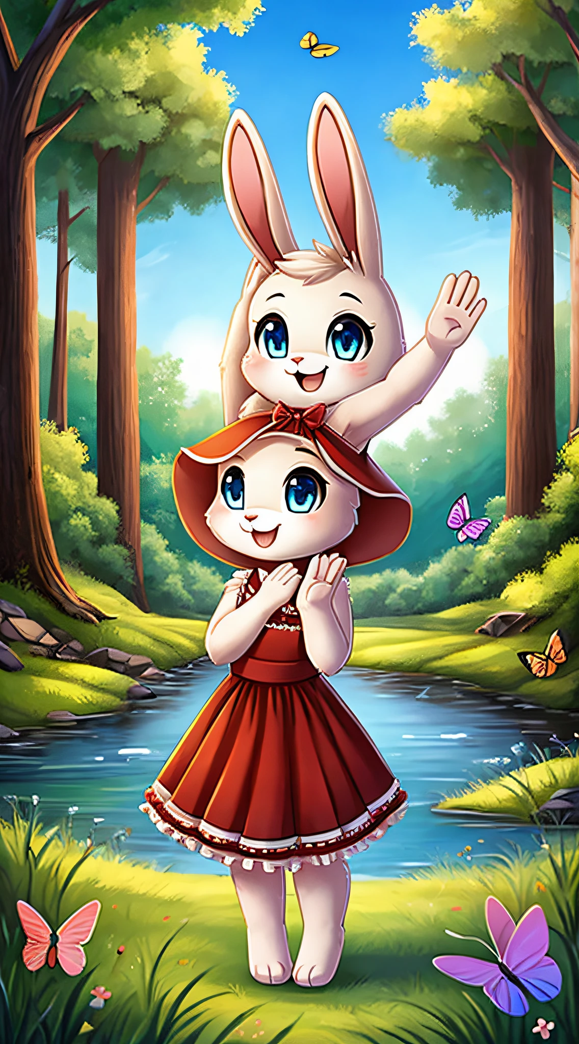 an adorable and cute little white female bunny with blue eyes, wearing a frilly red dress, standing up and waving, smiling, in a forest with butterflies, near a creek
