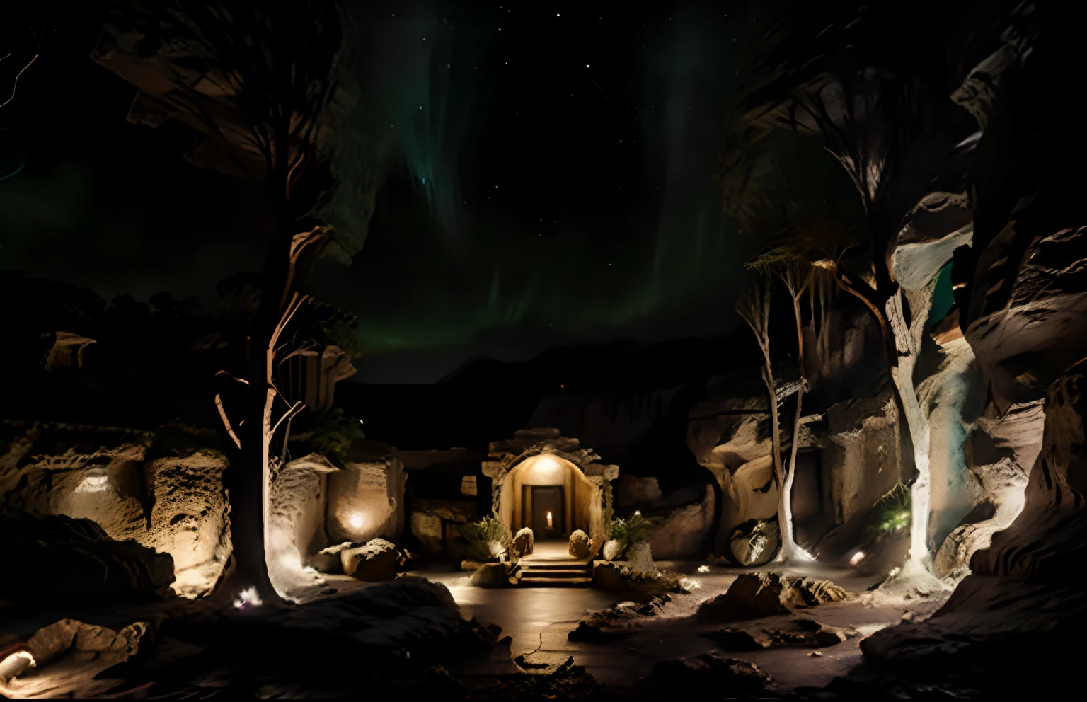 Projections of lights on stone cave walls with cloud of spectra