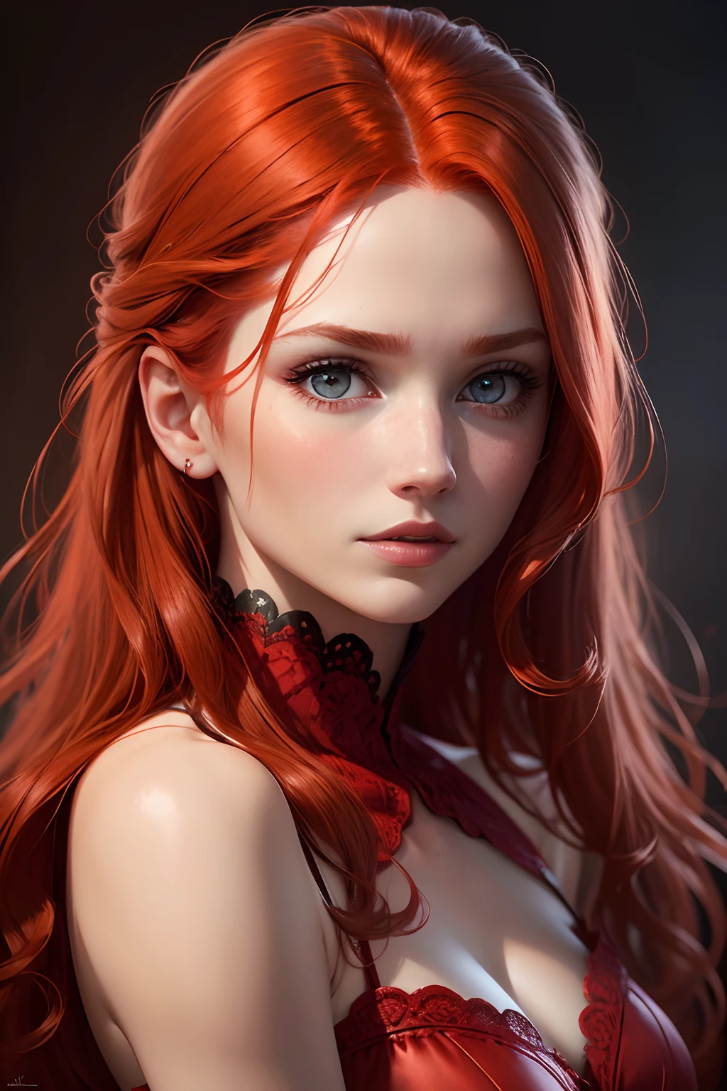 A woman with fiery red hair standing in a confident pose, showcasing her stunning beauty and elegance. Her porcelain-like skin complements her long and vibrant orange hair, resembling the mesmerizing style of Julia Razumova, eye reflection, with blue eyes, 20 years old, big face, big lips, pink lips, perfect nose, necklace with a pendant glowing eyes, sparkling eyes, Hyperrealism, anime, 4K, 8k, highres, award winning, super detail, high details, textured skin, anatomically correct, masterpiece, sfw