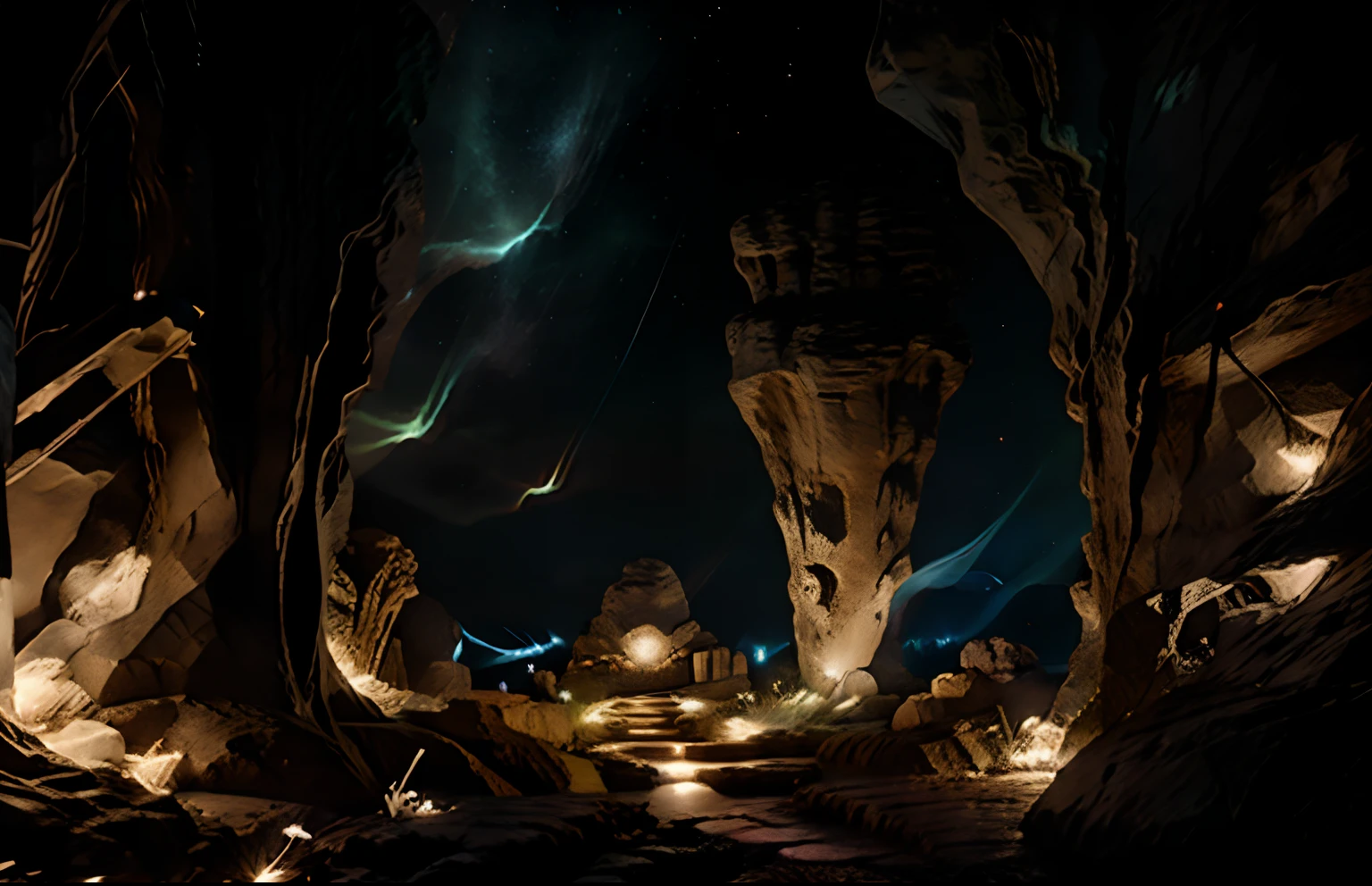Projections of lights on stone cave walls with cloud of spectra