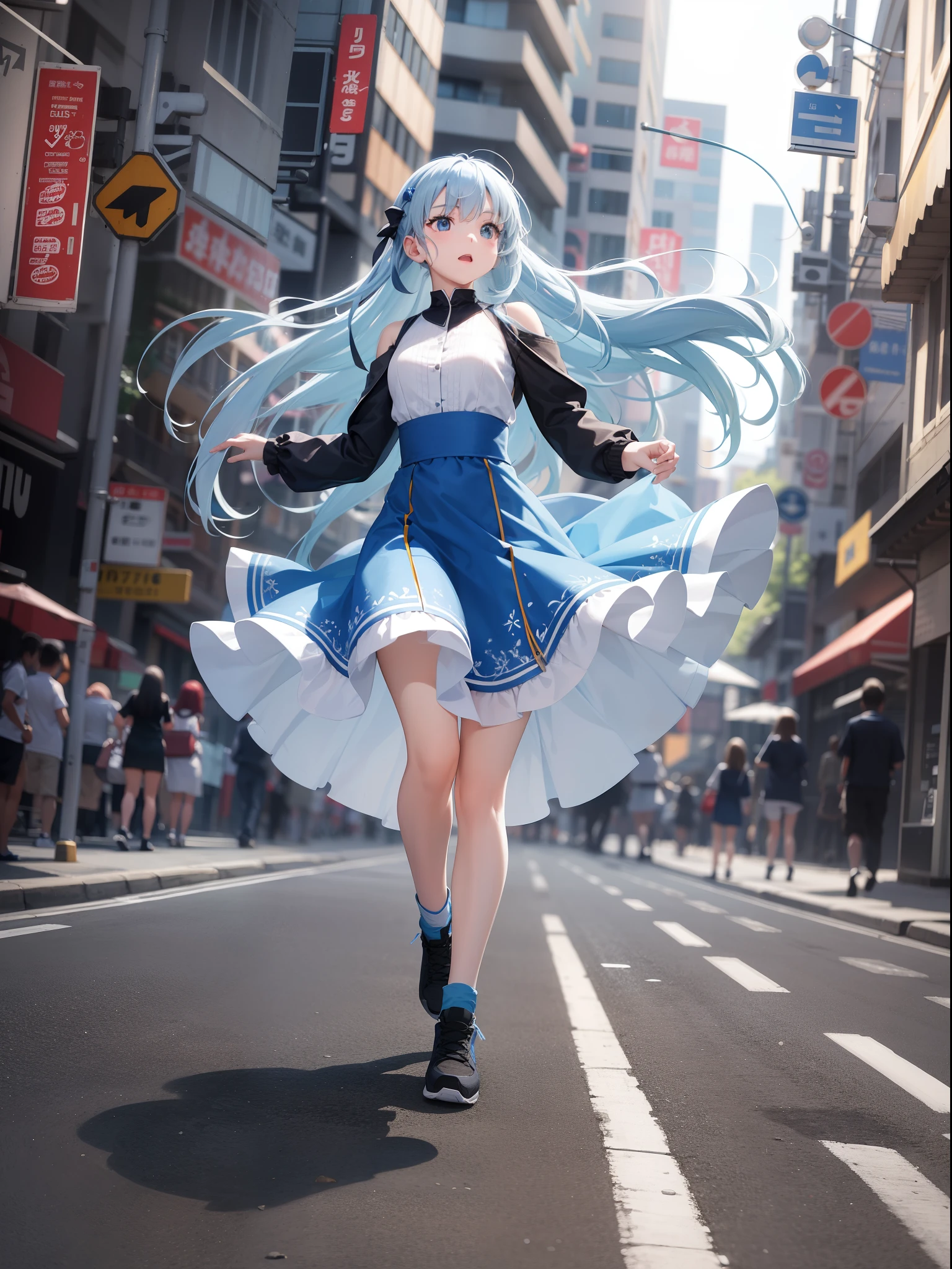 Light blue long hair in basic white and blue dress running fast in perspective、Girl with Black Eyes