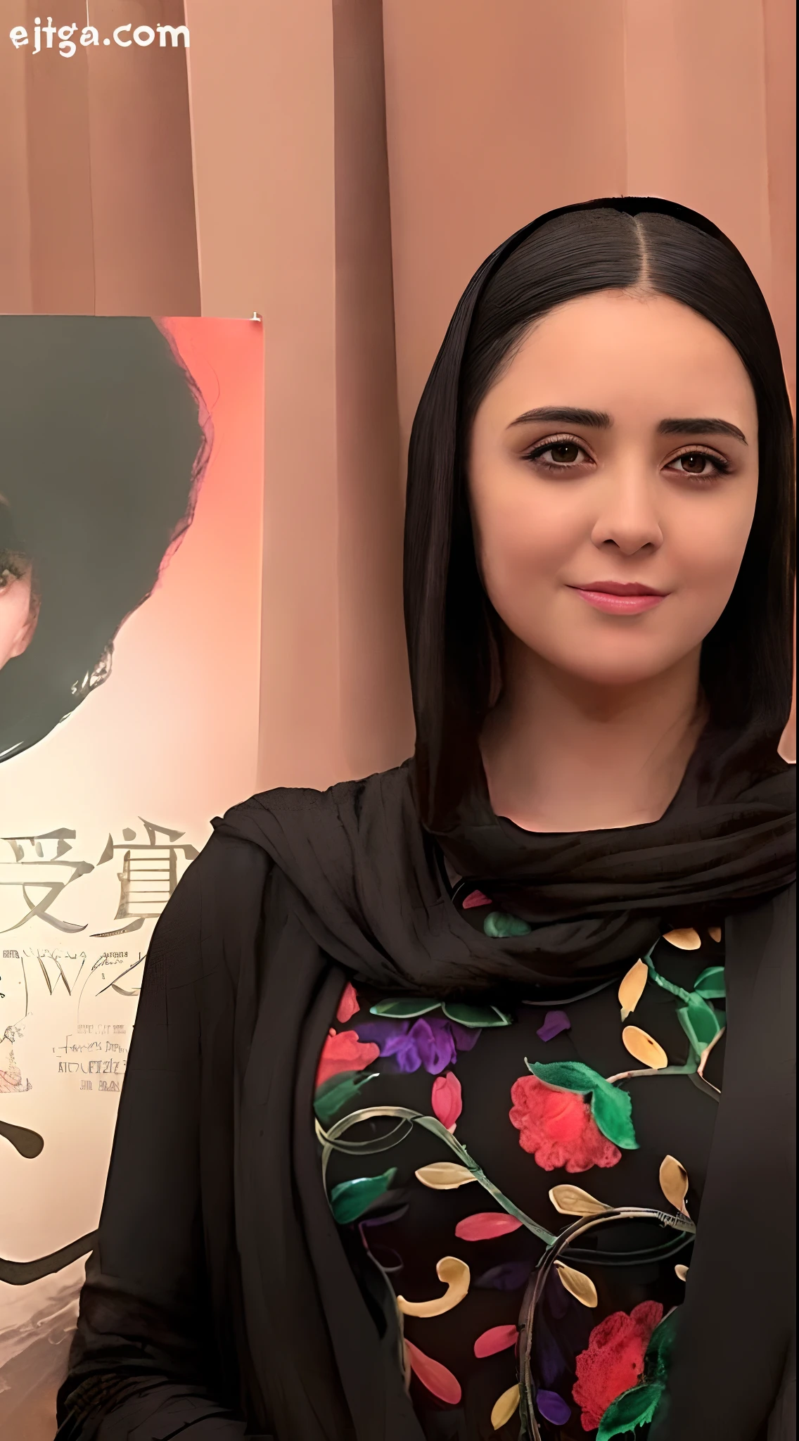 woman in black dress standing in front of a poster of a movie, pale-skinned persian girl, dilraba dilmurat, fan bingbing, beautiful iranian woman, wrapped in a black scarf, ayamin kojima, inspired by Eizan Kikukawa, face is wrapped in a black scarf, gorgeous kacey rohl, in costume