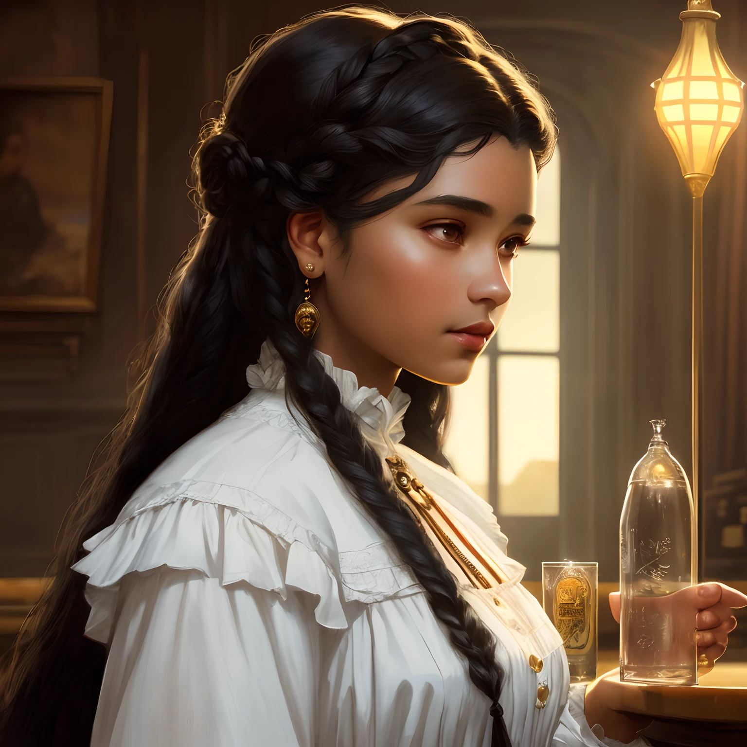 masterpiece stunning delicate young woman 16 years old, wearing british regency preceptor outfit, brown skin, looking up, ((sunny regency mansion background)), black straight medium hair, loose hair, detailed perfect almond-shaped black eyes, perfect red lips, resemblance to helena gilbert, full body, indigenous first nations woman, unadorned, cover, hyperdetailed painting, luminism, Bar lighting, complex, 4k resolution concept art portrait by Greg Rutkowski, Artgerm, WLOP, Alphonse Mucha: a stunning realistic photograph 16 years