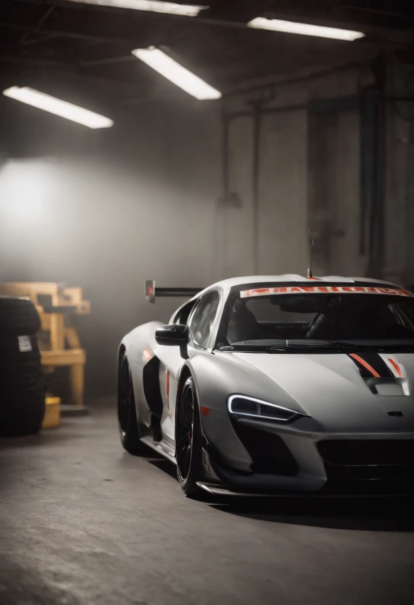 Detailed raw HD photo medium-distance photo of a (Racecar)parked inside a garage (darkly lit, dimly lit, discreet) grunge, menacing urban environment, metal tubes, concreating, decay, micro-details, hyperdetailed, raytracing, realism, crystal clear, photorealism, photorealistic,
(nocturnal, pitch, moody and dark:1.3) (bright headlights: 1.2)
