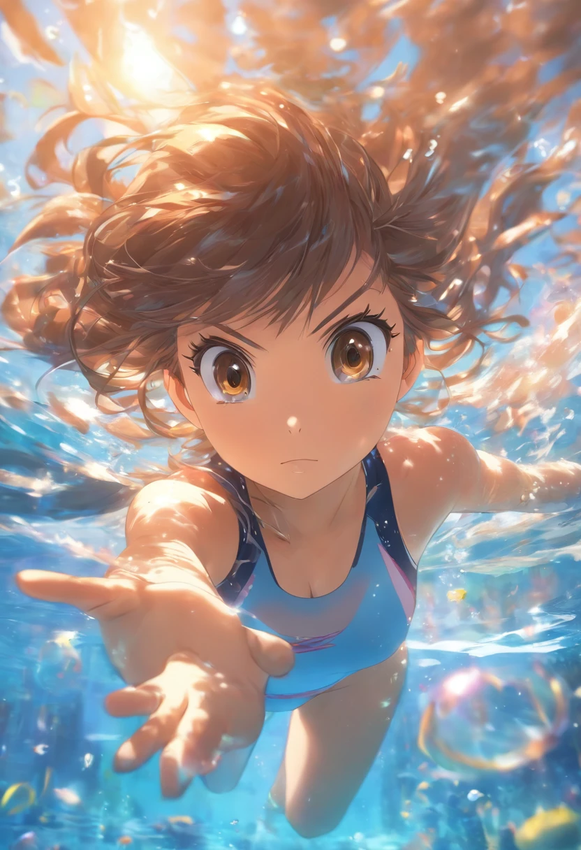 foreshortening, depth of field, masterpiece, best quality, 1girl, brown hair, brown eyes, long hair, underwater, air bubble, solo, looking at viewer, school swimsuit, swimming, dappled sunlight,