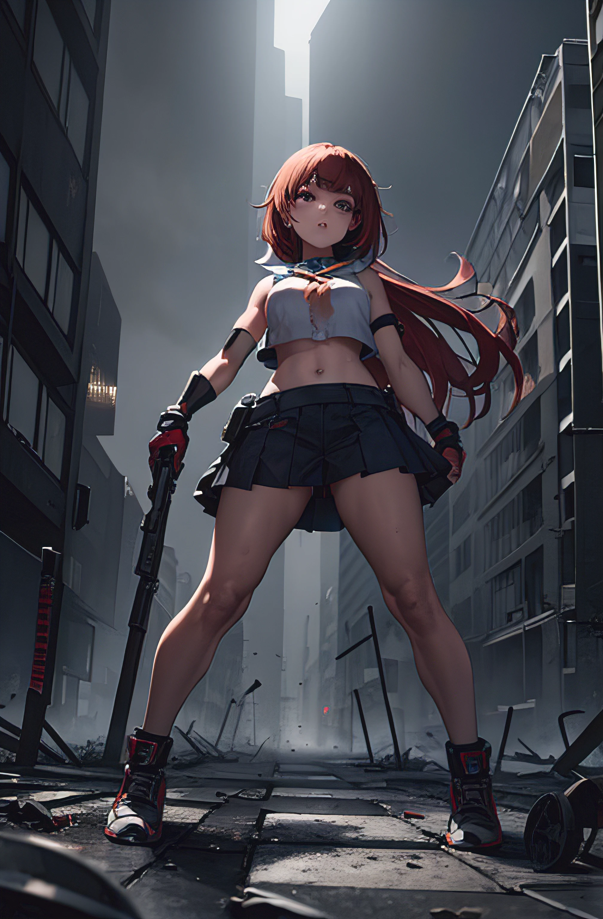 (best quality,4k,Alto),serious look,****** ruiva com olhos azuis,corpo definido,whole body view,****** em uma pose de luta,Destroyed city background,bands on the arms and legs,ruined buildings,atmosfera sombria,Dark lighting,post apocalyptic theme,respingos de sangue,vivid colors