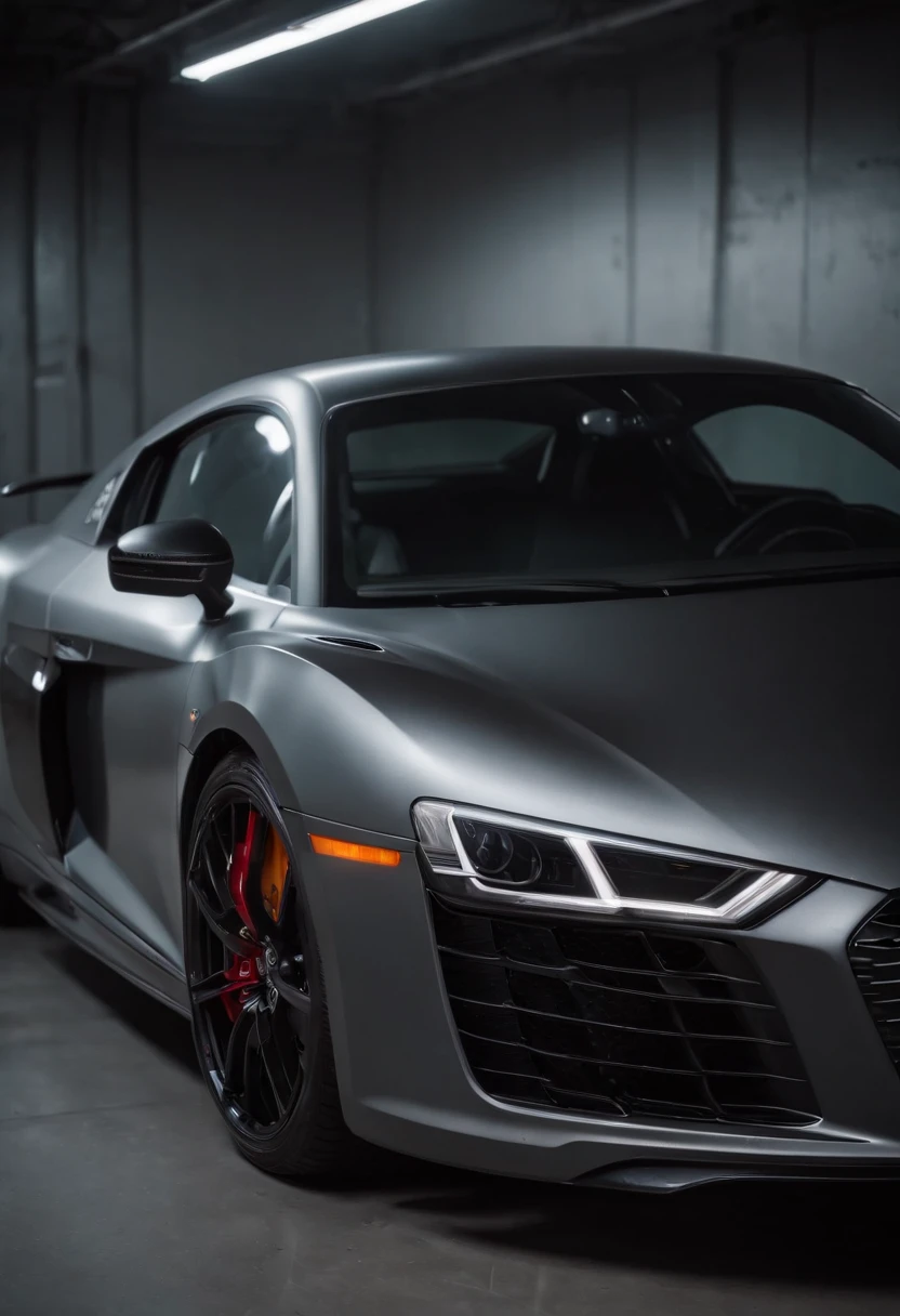 Detailed raw HD photo medium-distance photo of a (Audi R8 Racecar)parked inside a garage (darkly lit, dimly lit, discreet) grunge, menacing urban environment, metal tubes, concreating, decay, micro-details, hyperdetailed, raytracing, realism, crystal clear, photorealism, photorealistic,
(nocturnal, pitch, moody and dark:1.3) (bright headlights: 1.2)