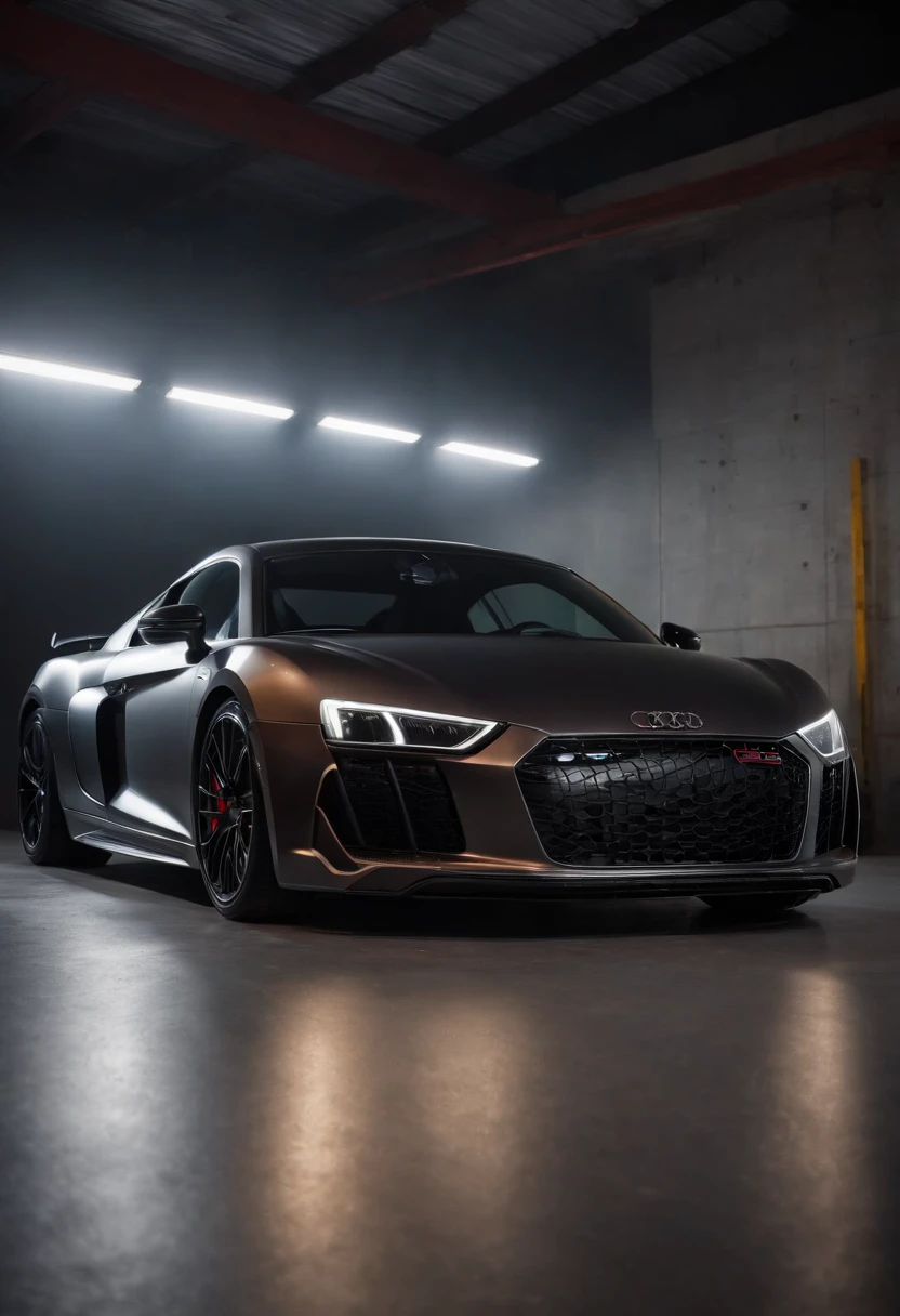 Detailed raw HD photo medium-distance photo of a (Audi R8 Racecar)parked inside a garage (darkly lit, dimly lit, discreet) grunge, menacing urban environment, metal tubes, concreating, decay, micro-details, hyperdetailed, raytracing, realism, crystal clear, photorealism, photorealistic,
(nocturnal, pitch, moody and dark:1.3) (bright headlights: 1.2)
