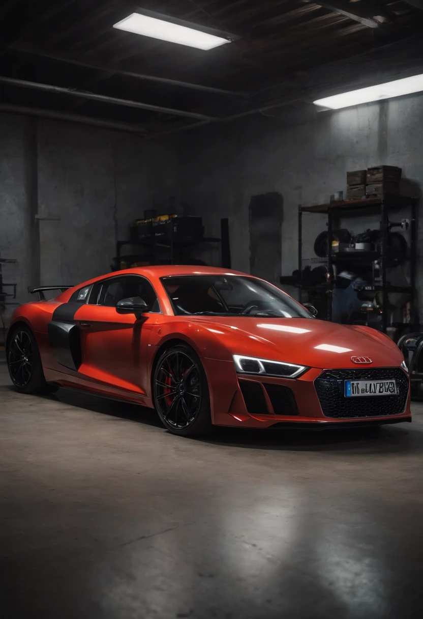 Detailed raw HD photo medium-distance photo of a (Audi R8 Racecar)parked inside a garage (darkly lit, dimly lit, discreet) grunge, menacing urban environment, metal tubes, concreating, decay, micro-details, hyperdetailed, raytracing, realism, crystal clear, photorealism, photorealistic,
(nocturnal, pitch, moody and dark:1.3) (bright headlights: 1.2)