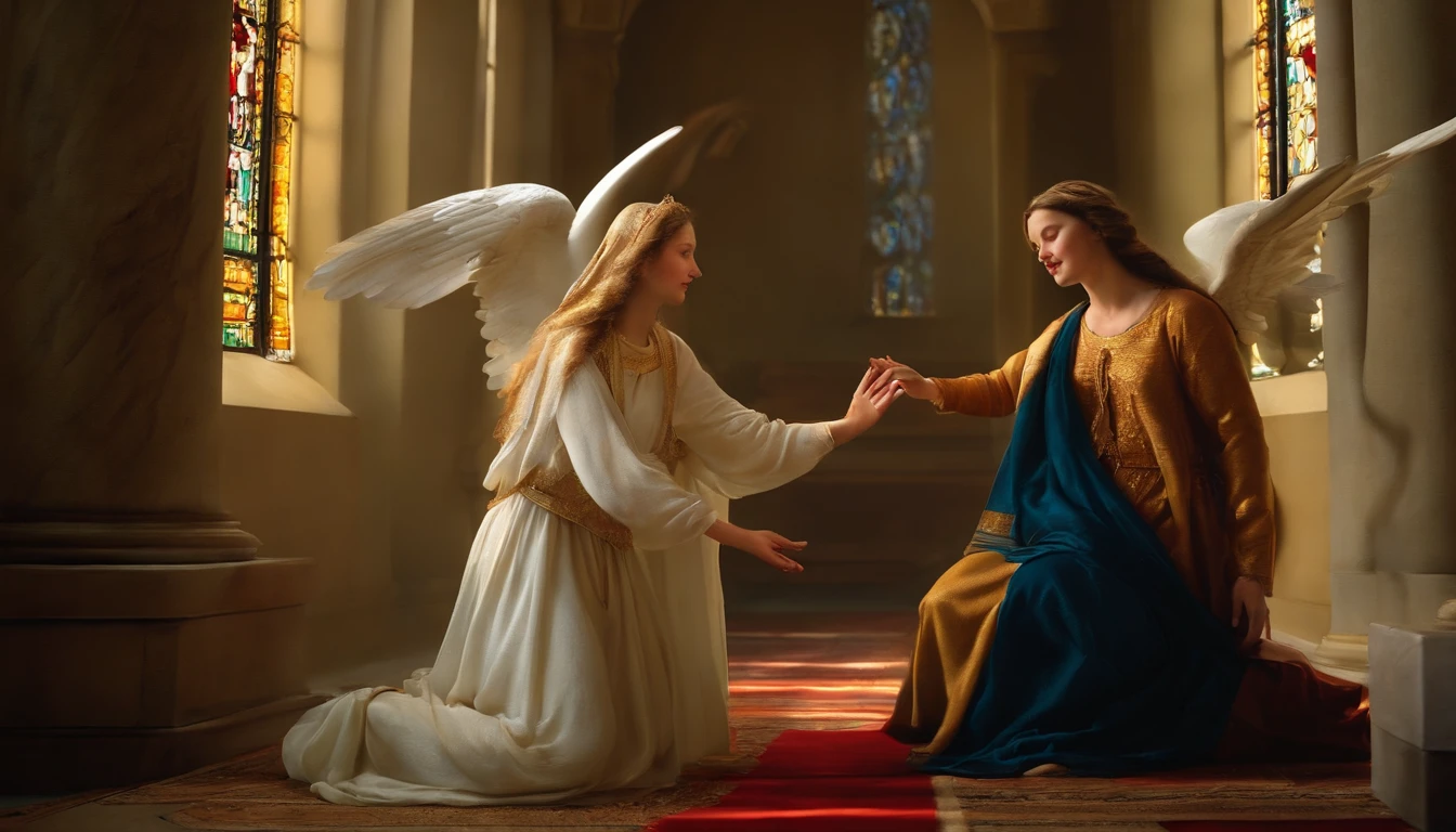 "The Annunciation" in a modern environment: Mary and the Angel Gabriel in a contemporary domestic setting, with a soft and divine light illuminating the scene, mixing Renaissance elements with everyday life.