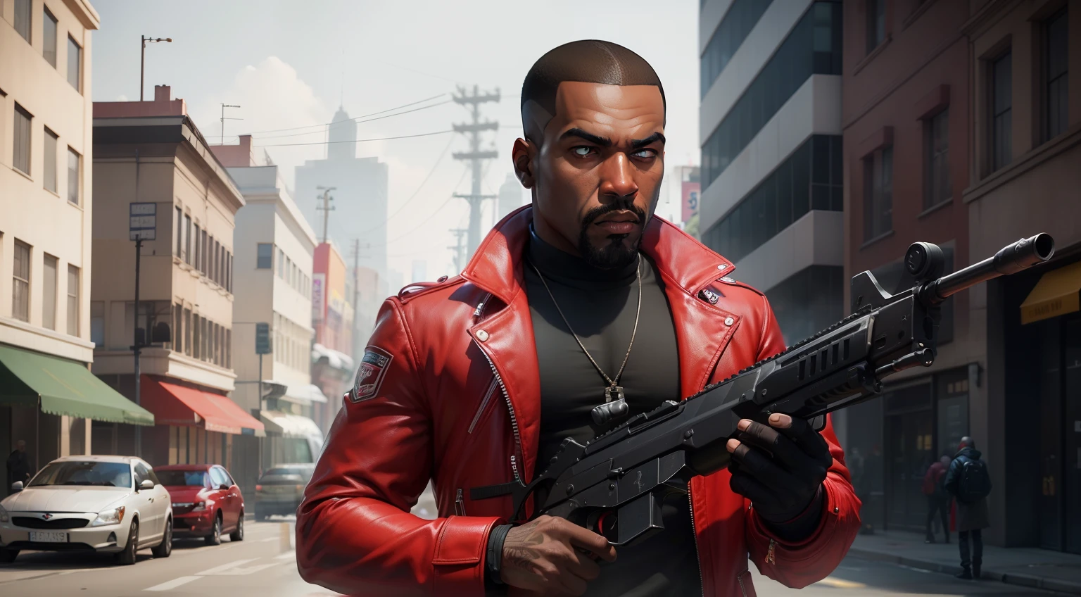 Corte de cabelo red, cabelo red, A man in a red coat, de capuz,gta personagem, Como o protagonista de GTA 5, GTA V Estilo, como um personagem de gtav,Kanye West em GTA v, Estilo GTA5, gta v personagem, empunhando fuzil de assalto,rifle in hand ,fuzil AK-47 ,gta 5 tom de pele negro