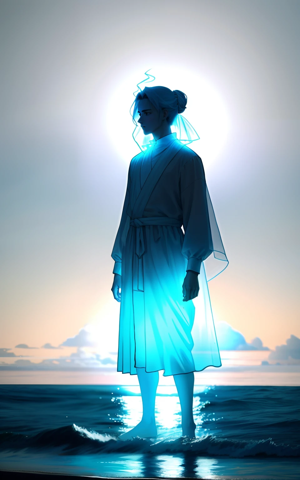 Translucent man like a ghost with hair up, no meio de um nevoeiro aterrorizante com o oceano ao fundo