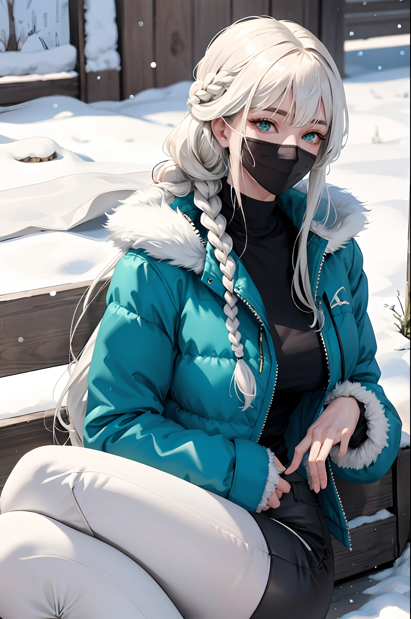 (masterpiece:1.2, best quality), (real picture, intricate details), 1lady, solo, upper body, sitting down, sitting on ground, casual, long hair, minimal makeup, natural fabrics, close-up face, smiling, happy expression, snow, snowing, cold settings, really long light platinum blonde hair, hair in braids, braided long hair, bangs, voluminous hair, green eyes, emerald green eyes, big breasts, big ass, big tits, blue jacket, jacker with fur , white fur, blue jacket with fur, blue jacket white fur, bangs on forehead, Korean bangs, cute bangs, mature face, 1adult, 1 female, 1 woman, thighs, black tight pants, black pants, tight pants, (big tits), (big breasts).