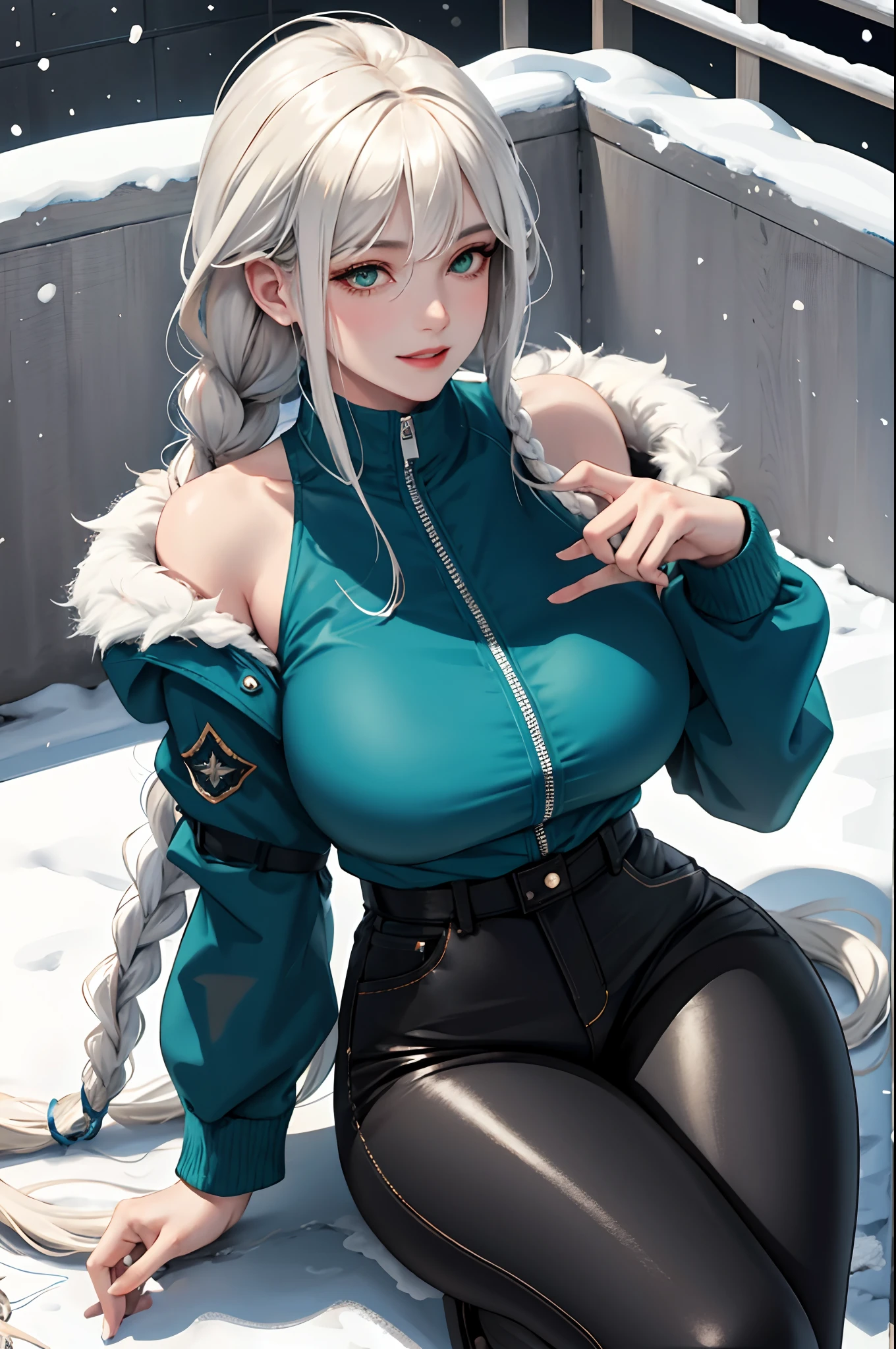 (masterpiece:1.2, best quality), (real picture, intricate details), 1lady, solo, upper body, sitting down, sitting on ground, casual, long hair, minimal makeup, natural fabrics, close-up face, smiling, happy expression, snow, snowing, cold settings, really long light platinum blonde hair, hair in braids, braided long hair, bangs, voluminous hair, green eyes, emerald green eyes, big breasts, big ass, big tits, blue jacket, jacker with fur , white fur, blue jacket with fur, blue jacket white fur, bangs on forehead, Korean bangs, cute bangs, mature face, 1adult, 1 female, 1 woman, thighs, black tight pants, black pants, tight pants, (big tits), (big breasts).