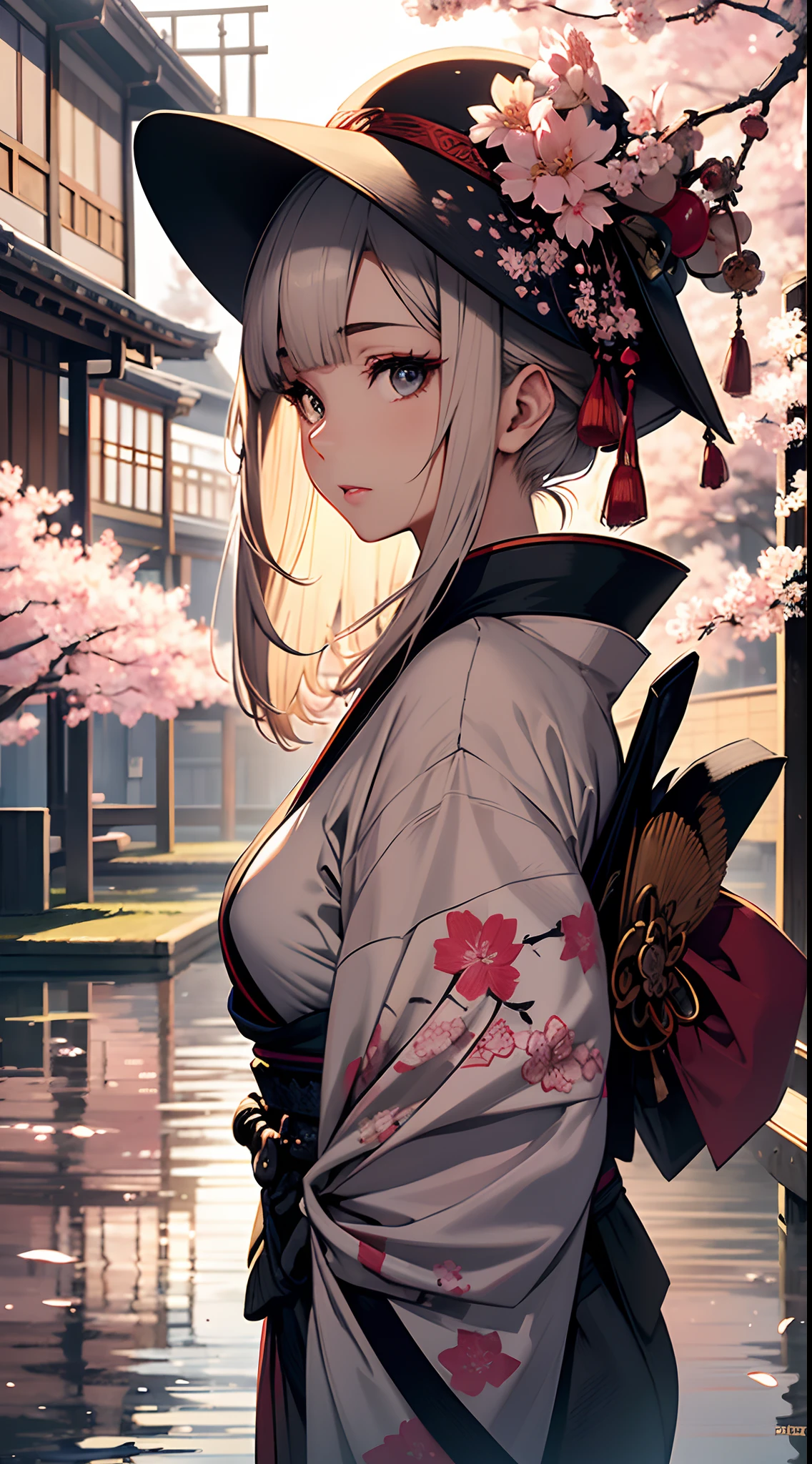(best quality,4k,8k,highres,masterpiece:1.2),ultra-detailed,(realistic,photorealistic,photo-realistic:1.37),A girl wearing a traditional Japanese kimono and a samurai hat,beautiful detailed eyes,beautiful detailed lips,extremely detailed eyes and face,longeyelashes,traditional Japanese background,soft and warm lighting,illustration,subtle color palette,delicate brushstrokes,subtle details of the textures,flowing patterns on the kimono,meticulous attention to the folds and drapes,graceful posture,serene expression,harmony between the girl and the surroundings,sophisticated and serene atmosphere,traditional Japanese motifs,subtle hints of cherry blossoms,feminine and elegant aura,authentic representation of Japanese culture,samurai hat with intricate details,delicate cherry blossom decorations on the hat,subtle shadows and highlights on the girl's face,slightly blurred background to create depth and focus on the girl,artistic interpretation of a fusion between traditional and modern Japan,Japanese calligraphy in the background,representative of the girl's inner strength and wisdom,dark and rich color tones for a dramatic effect,meticulous attention to the girl's hairstyle and accessories,traditional makeup with a touch of modern elegance,vibrant and vivid colors in the details of the kimono,expressive eyes that convey a sense of wisdom and beauty,a serene and peaceful garden setting,with a pond and blossoming cherry trees.