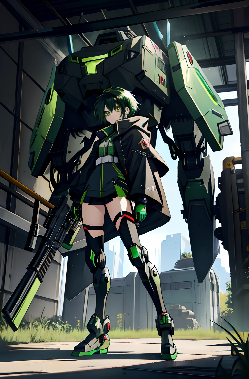 Anime girl sitting on the ground，Black cape and green hair, rogue anime girl, the anime girl is crouching, Wearing a cloak on the blasted plain, asuka suit under clothes!, holy cyborg necromancer girl, badass posture, mechanic punk outfit, anime styled 3d, render of a cute 3d anime girl, gapmoe yandere grimdark, Female character，musculature，Abs，Glowing green eyes，Black hair with green gradient，short detailed hair，Bunched hair，Dull hair，huge tit，Tomboyish，Be red in the face，looking at viewert，There was a mech next to her，One-eyed mech，The mech extends its shield to protect her，Round shield，Humanoid mech，She held a giant gun in her hand。，Large sci-fi firearms