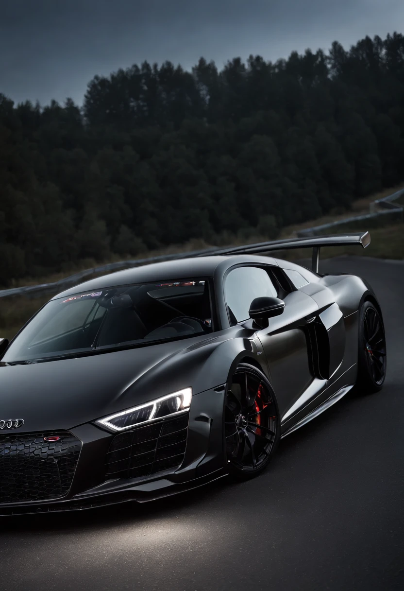 Detailed raw HD photo medium-distance photo of a (full carbon Audi R8 Racecar) with a big spoiler, race decals, parked inside a garage (darkly lit, dimly lit, discreet) grunge, menacing urban environment, metal tubes, concreating, decay, micro-details, hyperdetailed, raytracing, realism, crystal clear, photorealism, photorealistic,
(nocturnal, pitch, moody and dark:1.3) (bright headlights: 1.2)