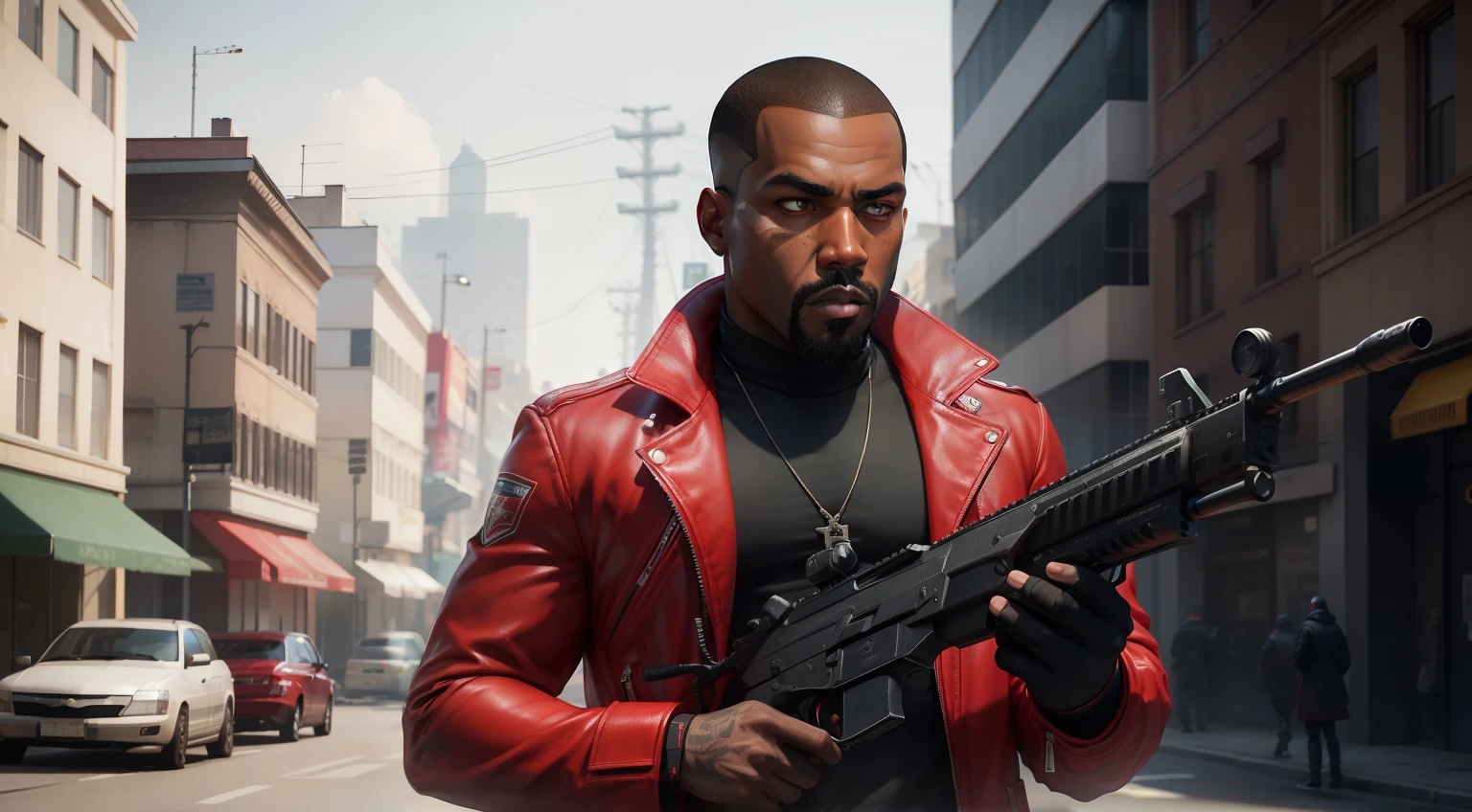 Corte de cabelo red, A man in a red coat, de capuz,gta personagem, Como o protagonista de GTA 5, GTA V Estilo, como um personagem de gtav,Kanye West em GTA v, Estilo GTA5, gta v personagem, empunhando fuzil de assalto,rifle in hand ,fuzil AK-47 ,gta 5 tom de pele negro
