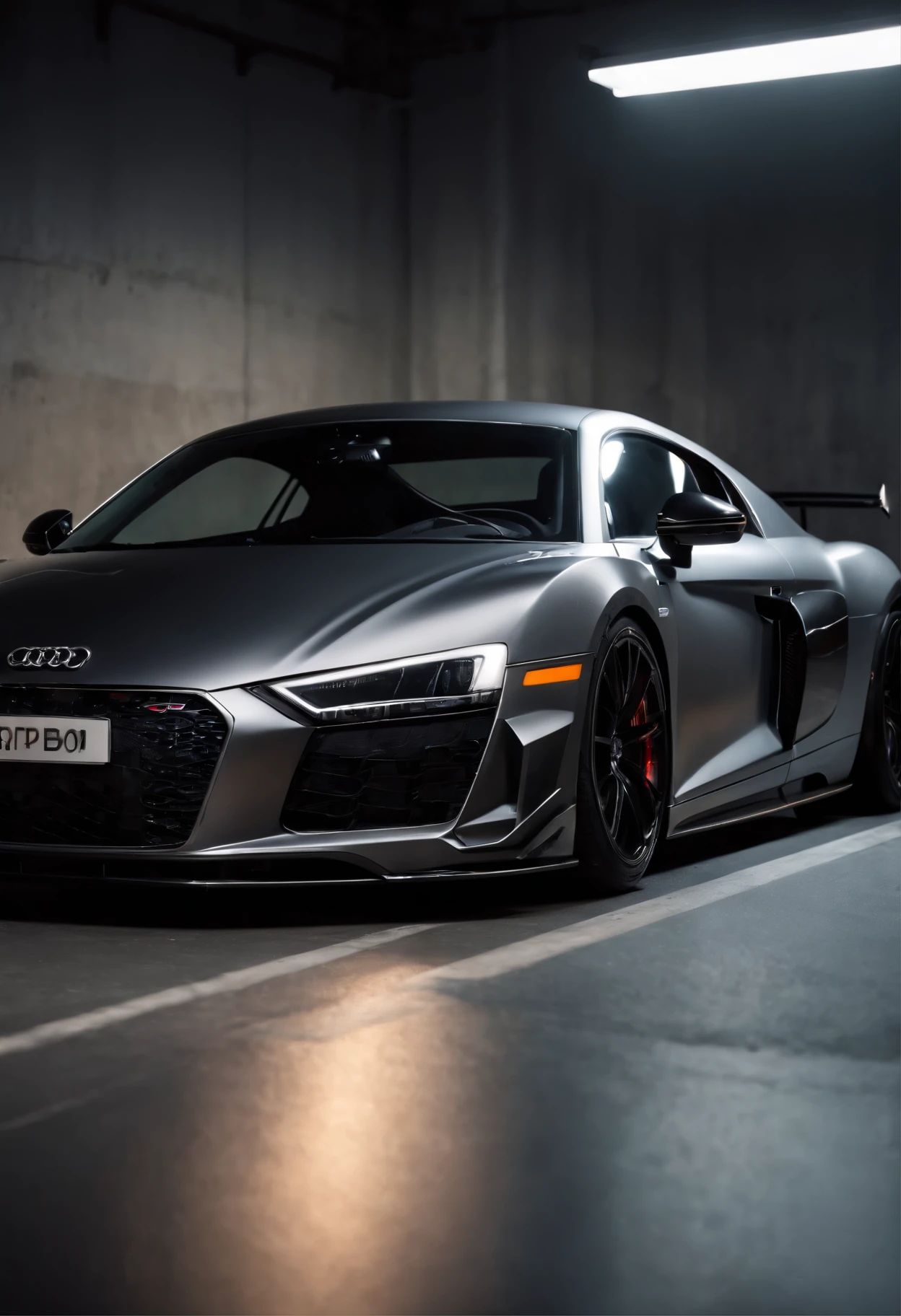 Detailed raw HD photo medium-distance photo of a (full carbon Audi R8 Racecar) with a big spoiler, race decals, parked inside a garage (darkly lit, dimly lit, discreet) grunge, menacing urban environment, metal tubes, concreating, decay, micro-details, hyperdetailed, raytracing, realism, crystal clear, photorealism, photorealistic,
(nocturnal, pitch, moody and dark:1.3) (bright headlights: 1.2)