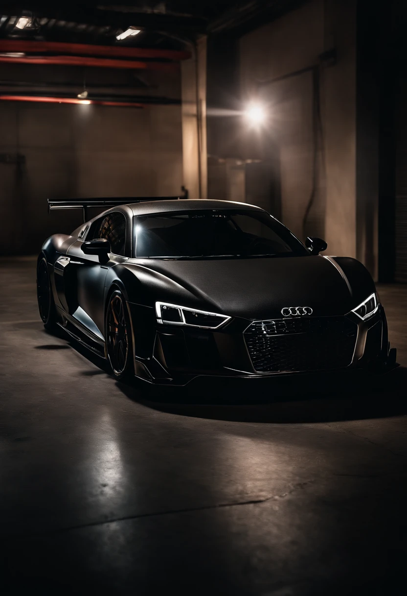 Detailed raw HD photo medium-distance photo of a (full carbon Audi R8 Racecar) with a big spoiler, race decals, parked inside a garage (darkly lit, dimly lit, discreet) grunge, menacing urban environment, metal tubes, concreating, decay, micro-details, hyperdetailed, raytracing, realism, crystal clear, photorealism, photorealistic,
(nocturnal, pitch, moody and dark:1.3) (bright headlights: 1.2)