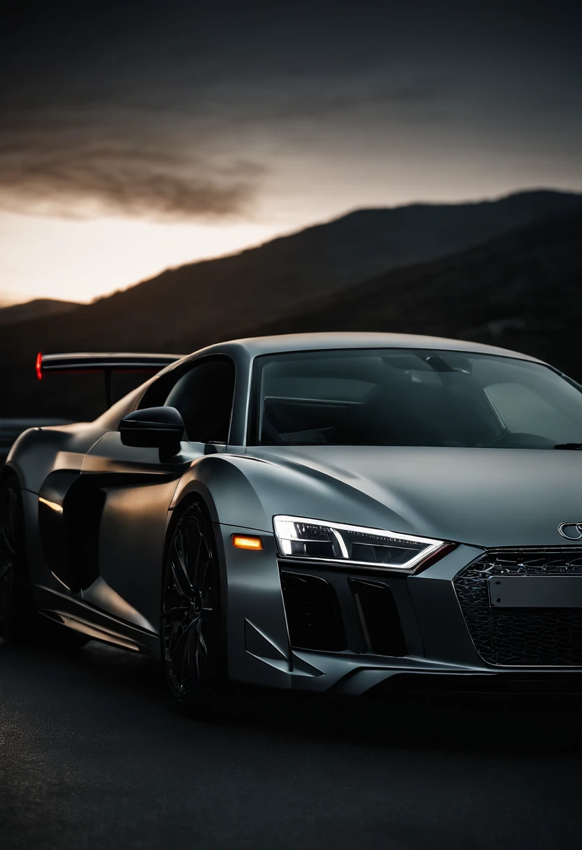 Detailed raw HD photo medium-distance photo of a (full carbon Audi R8 Racecar) with a big spoiler, race decals, parked inside a garage (darkly lit, dimly lit, discreet) grunge, menacing urban environment, metal tubes, concreating, decay, micro-details, hyperdetailed, raytracing, realism, crystal clear, photorealism, photorealistic,
(nocturnal, pitch, moody and dark:1.3) (bright headlights: 1.2)