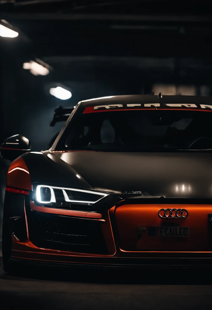 Detailed raw HD photo medium-distance photo of a (full carbon Audi R8 Racecar) with a big spoiler, race decals, racing inside a garage (darkly lit, dimly lit, discreet) grunge, menacing urban environment, metal tubes, concreating, decay, micro-details, hyperdetailed, raytracing, realism, crystal clear, photorealism, photorealistic,
(nocturnal, pitch, moody and dark:1.3) (bright headlights: 1.2)