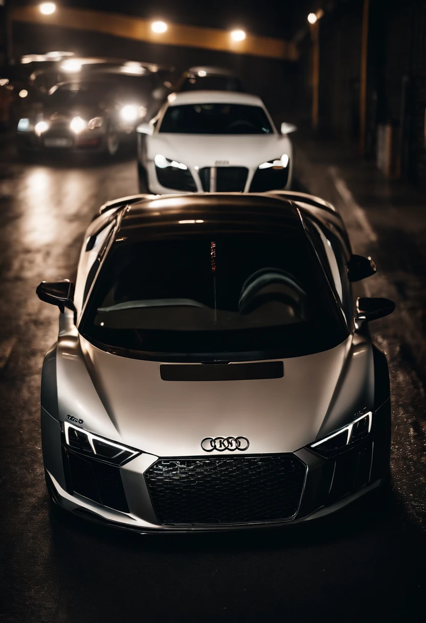 Detailed raw HD photo medium-distance photo of a (full carbon Audi R8 Racecar) with a big spoiler, race decals, racing inside a garage (darkly lit, dimly lit, discreet) grunge, menacing urban environment, metal tubes, concreating, decay, micro-details, hyperdetailed, raytracing, realism, crystal clear, photorealism, photorealistic,
(nocturnal, pitch, moody and dark:1.3) (bright headlights: 1.2)
