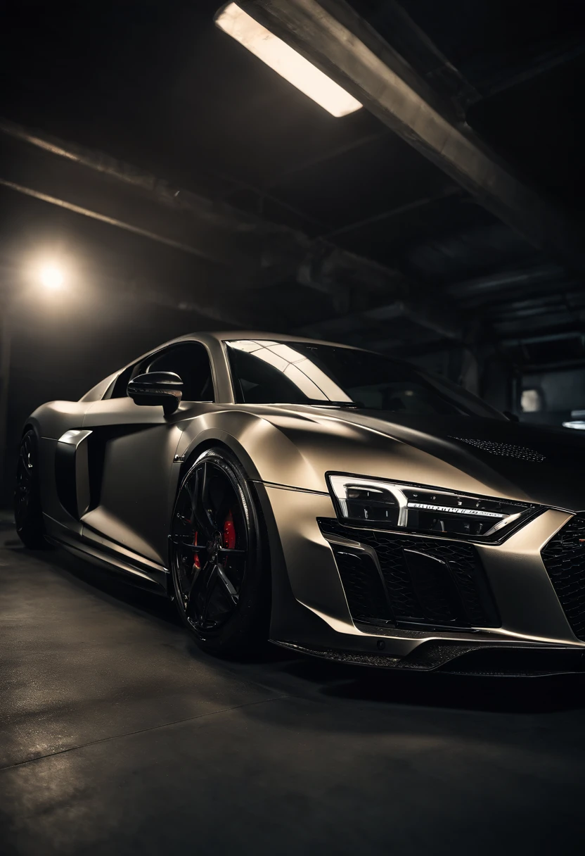 Detailed raw HD photo medium-distance photo of a (full carbon Audi R8 Racecar) with a big spoiler, race decals, racing inside a garage (darkly lit, dimly lit, discreet) grunge, menacing urban environment, metal tubes, concreating, decay, micro-details, hyperdetailed, raytracing, realism, crystal clear, photorealism, photorealistic,
(nocturnal, pitch, moody and dark:1.3) (bright headlights: 1.2)
