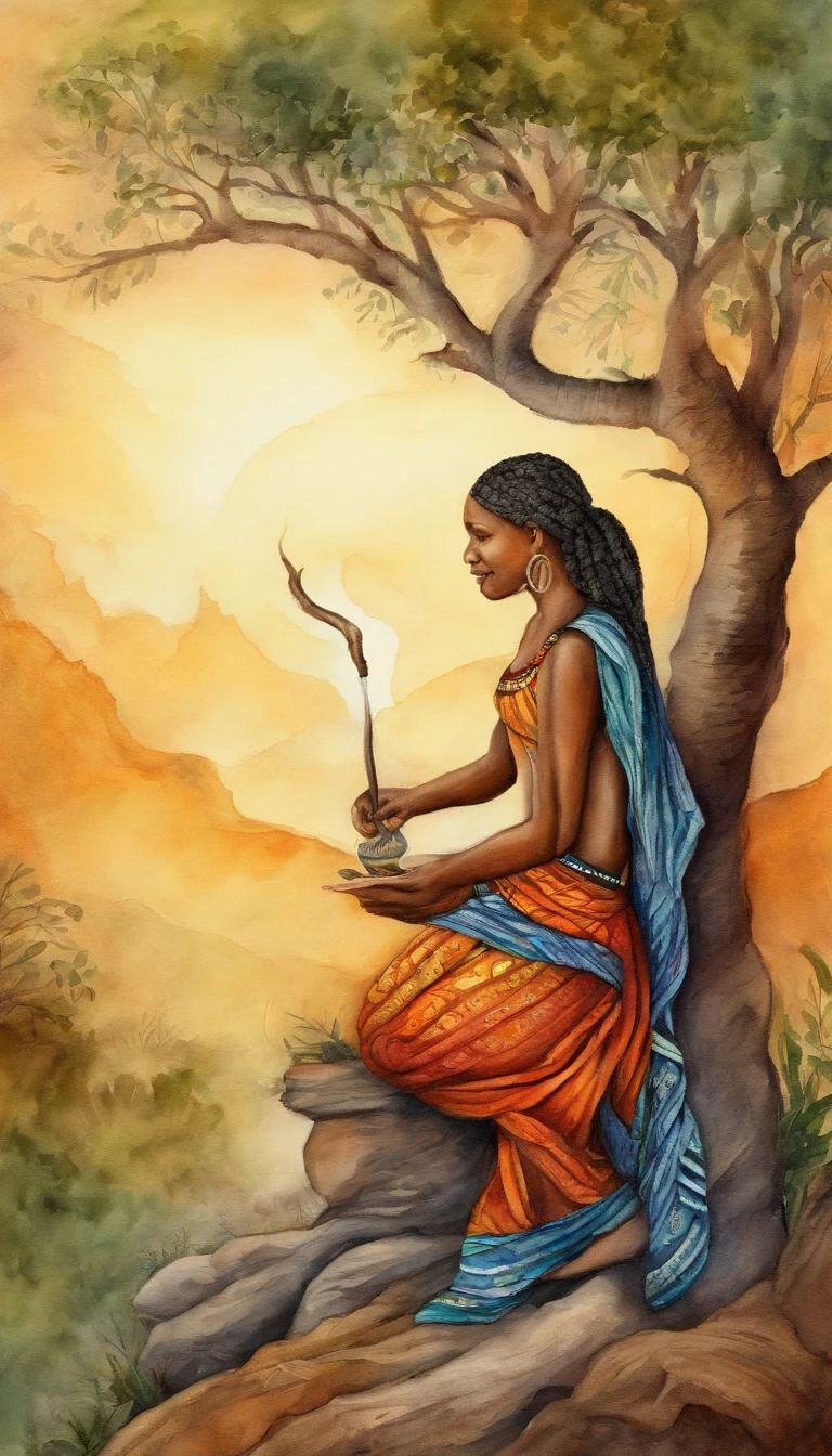 um vaqueiro fumando seu cachimbo ao lado de uma arvore bonita. entardecer, espiritual, colorido, pintura em tela, arte digital, criativo, Devotion, Fede, sozinho, detalhes