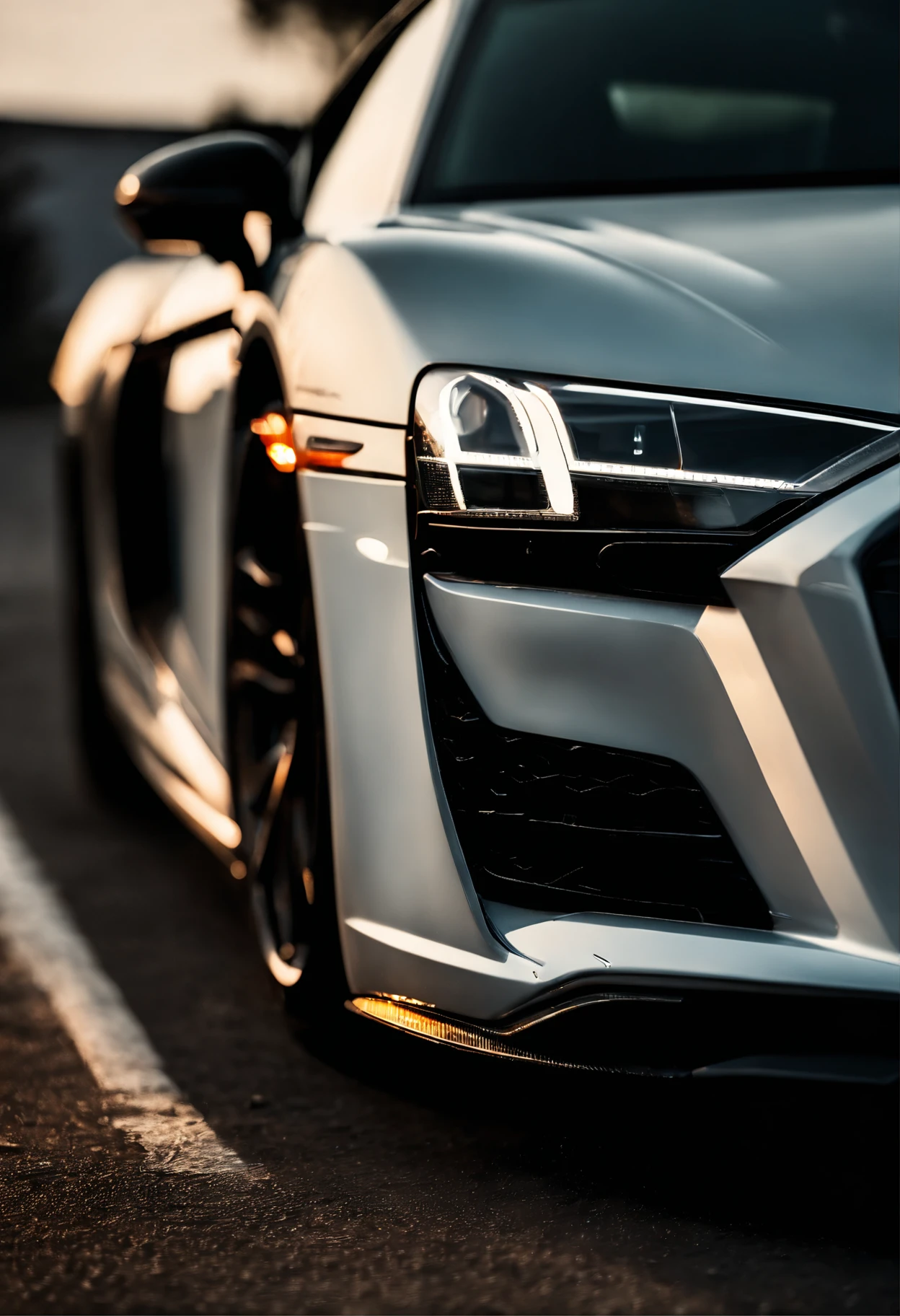 Detailed raw HD photo medium-distance photo of a (full carbon Audi R8 Racecar) with a big spoiler, race decals, parked inside a garage (darkly lit, dimly lit, discreet) grunge, menacing urban environment, metal tubes, concreating, decay, micro-details, hyperdetailed, raytracing, realism, crystal clear, photorealism, photorealistic,
(nocturnal, pitch, moody and dark:1.3) (bright headlights: 1.2)