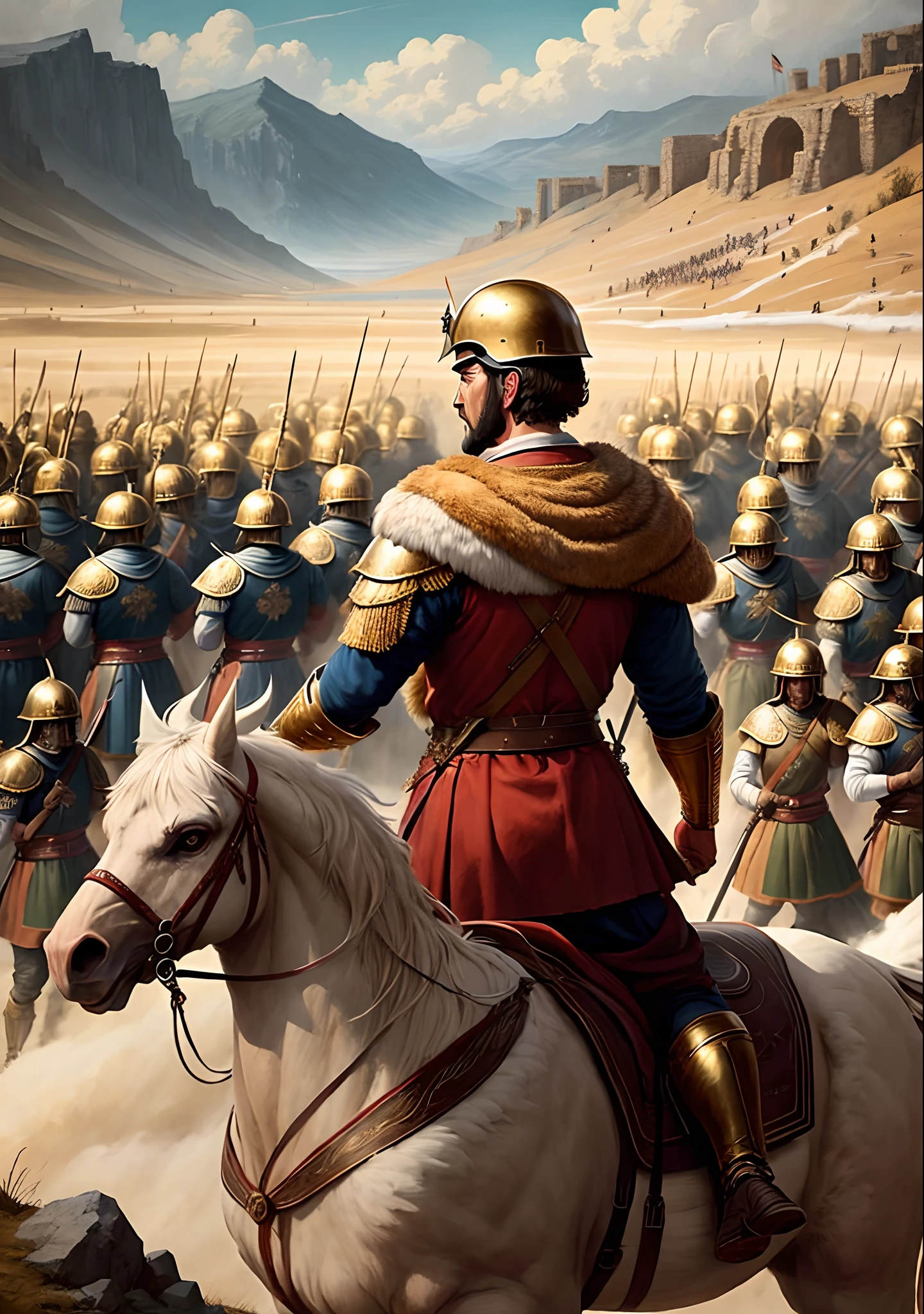 A highly detailed and realistic depiction of King Alaric I, the leader of the Visigoth troops, leading his army in a fierce battle against the Roman Empire in the ancient city of Rome. The scene should capture the intensity of the 5th-century conflict. The style should resemble the artwork of Greg Rutkowski.