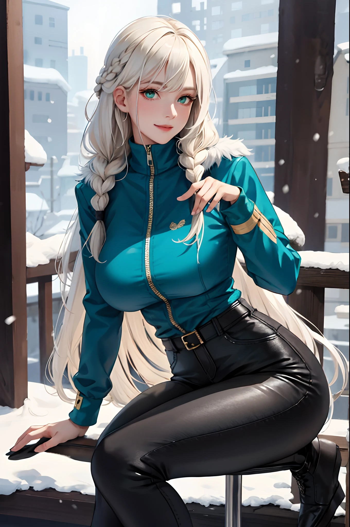 (masterpiece:1.2, best quality), (real picture, intricate details), 1lady, solo, upper body, sitting down, sitting on ground, casual, long hair, minimal makeup, natural fabrics, close-up face, smiling, happy expression, snow, snowing, cold settings, really long light platinum blonde hair, hair in braids, braided long hair, bangs, voluminous hair, green eyes, emerald green eyes, big breasts, big ass, big tits, blue jacket, jacker with fur , white fur, blue jacket with fur, blue jacket white fur, bangs on forehead, Korean bangs, cute bangs, mature face, 1adult, 1 female, 1 woman, thighs, black tight pants, black pants, tight pants, (big tits), (big breasts).