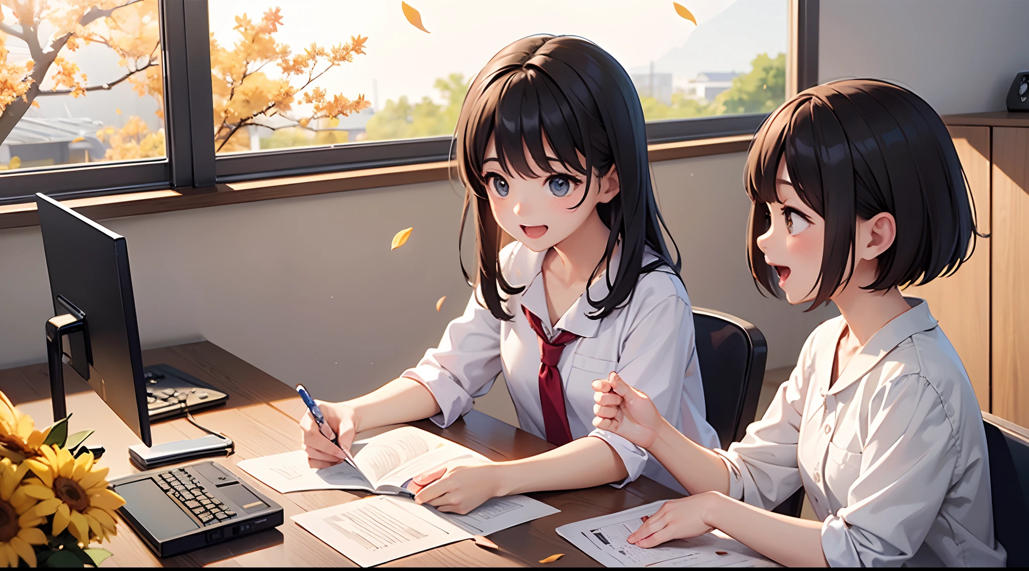 photoRealstic、A scene from a coming-of-age movie、Sit at your desk and enjoy studying with friends、Opens mouth and laughs、up of face、flower petals、season!!: 夏天☀ 🍂