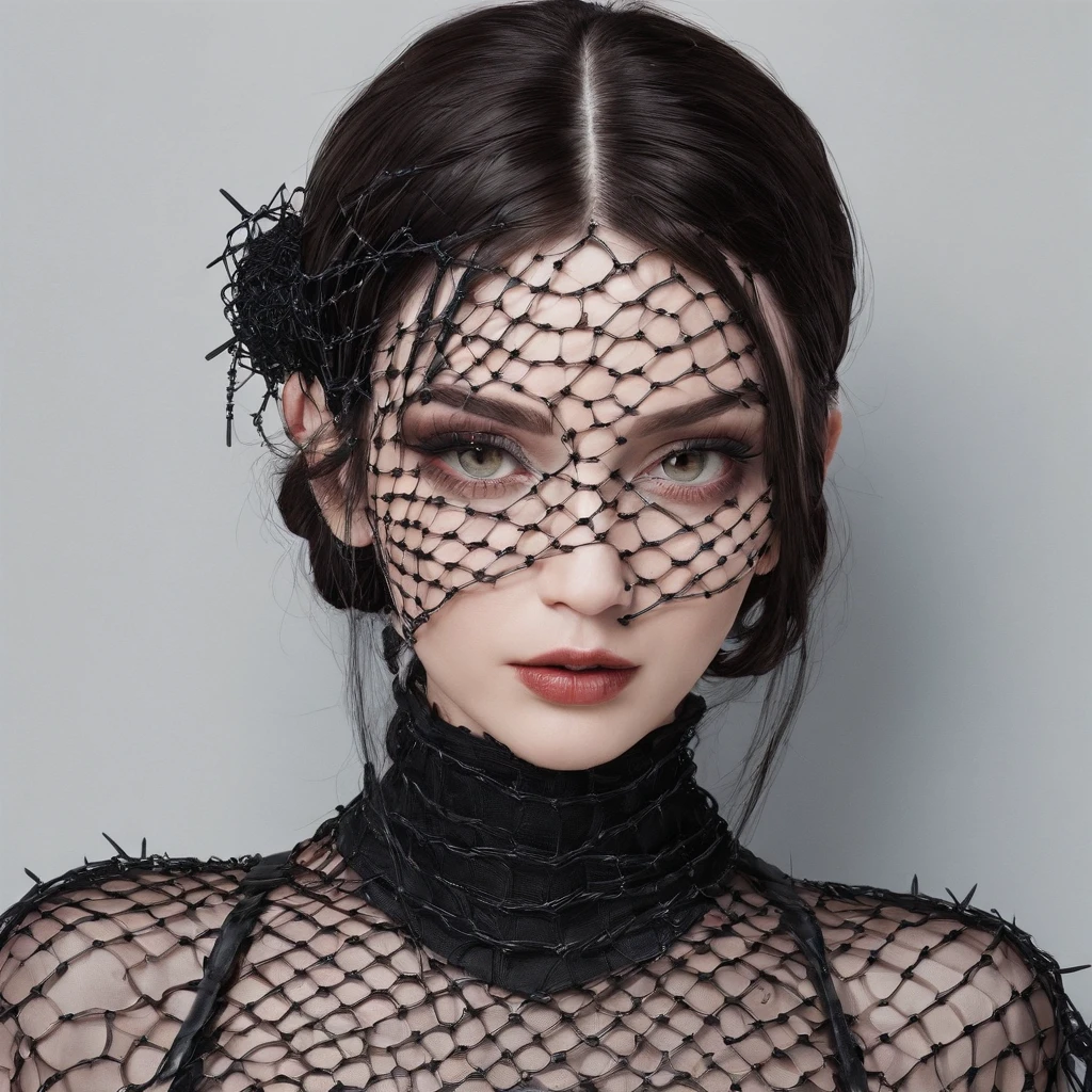 Girl in symbolic clothes of Gothic net, 。.。.com (Barbed wire for the body) brunette color hair，Gray hair ends