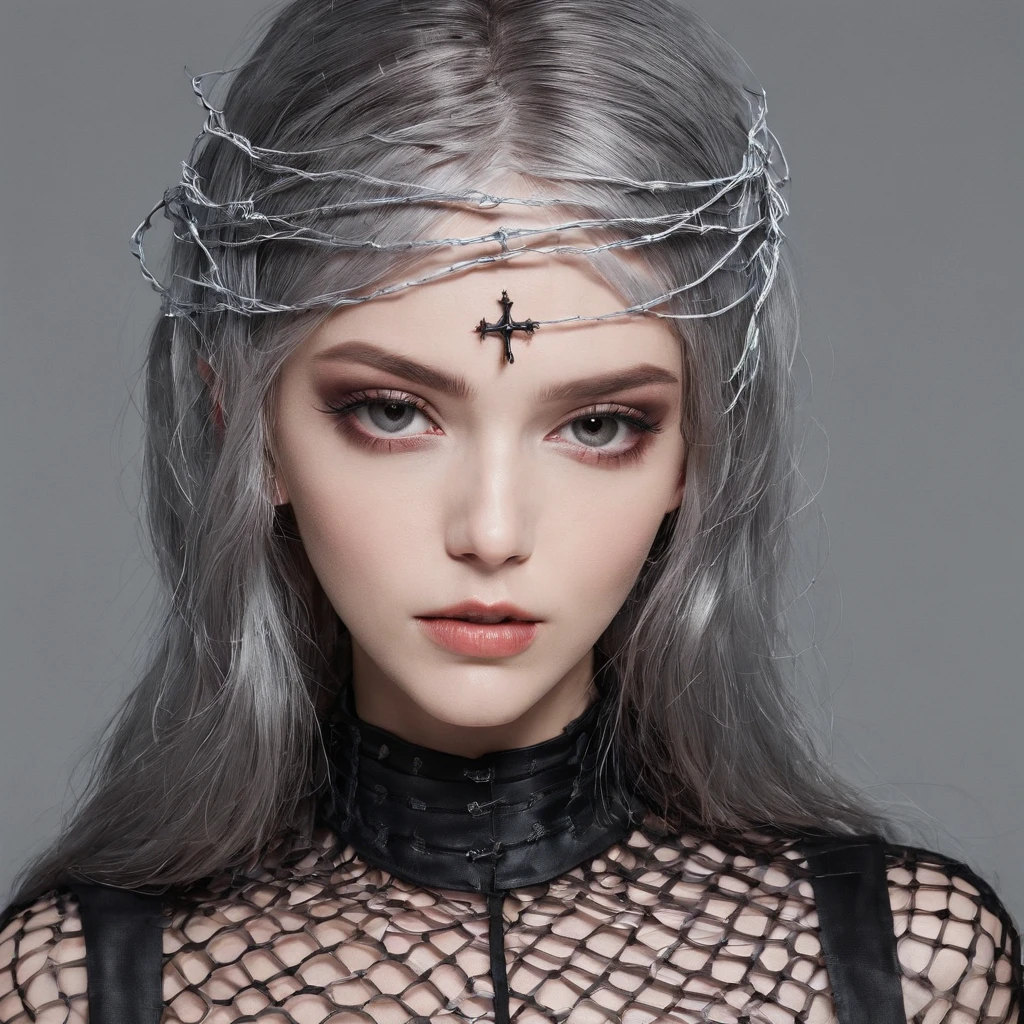 Girl in symbolic clothes of Gothic net, 。.。.com (Barbed wire for the body) brunette color hair,Gray hair ends