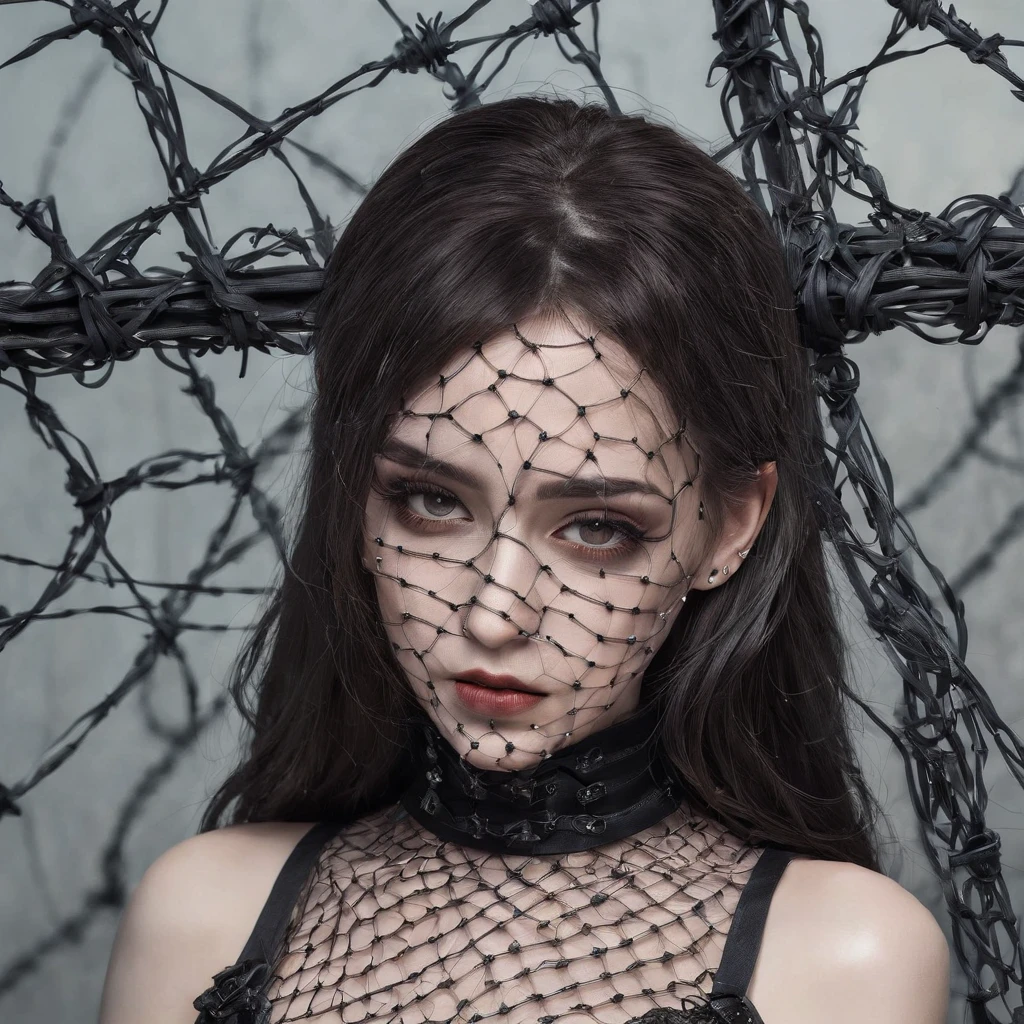 Girl in symbolic clothes of Gothic net, 。.。.com (Barbed wire for the body) brunette color hair,Gray hair ends
