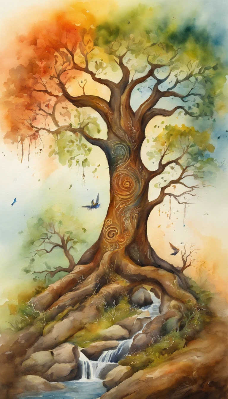 spiritual beings around a sacred tree