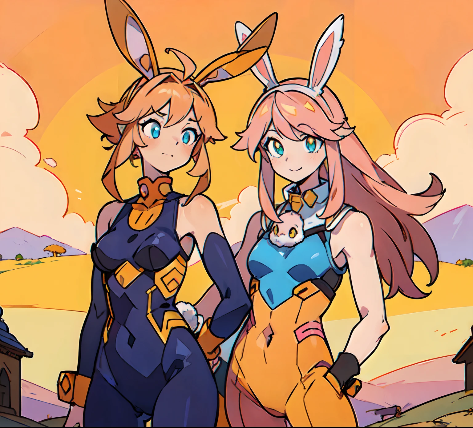 ((Best Quality)), ((Masterpiece)), ((Realistic)) 1woman, cute face, determined look, smile, adult mature female (spiky orange-pink hair, ((orange-pink mullet 1.1)), (mid length hair), blue eyes, (white/yellow pupil,) hero, sleeveless blue spandex bodysuit, long orange-pink (((rabbit ears,))) desert village, tbcc illustration, standing in a villa doorway, night, middle eastern,